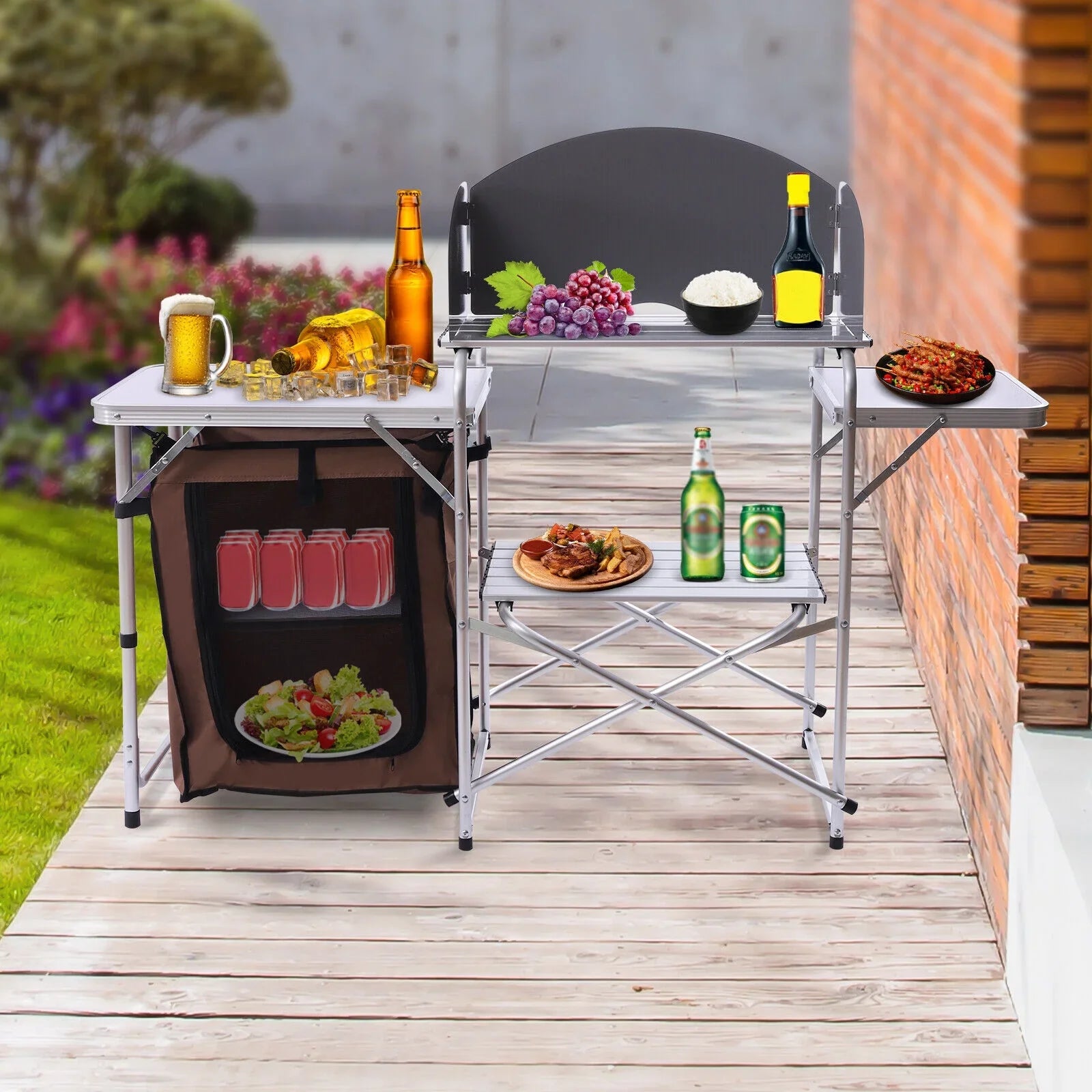 Portable Table Cabinet Miumaeov Camping Picnic Folding BBQ Storage Kitchen Rack Table