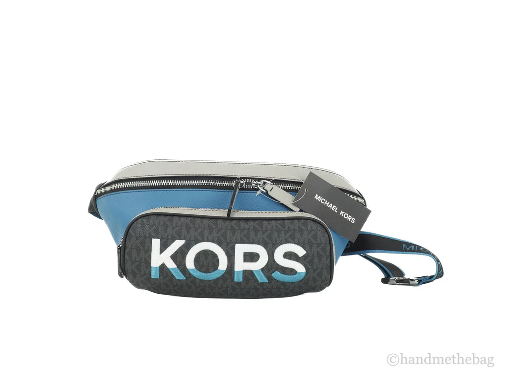 Large Multi Michael Logo Cooper Kors Blue Belt Utility Bag Leather Embroidered