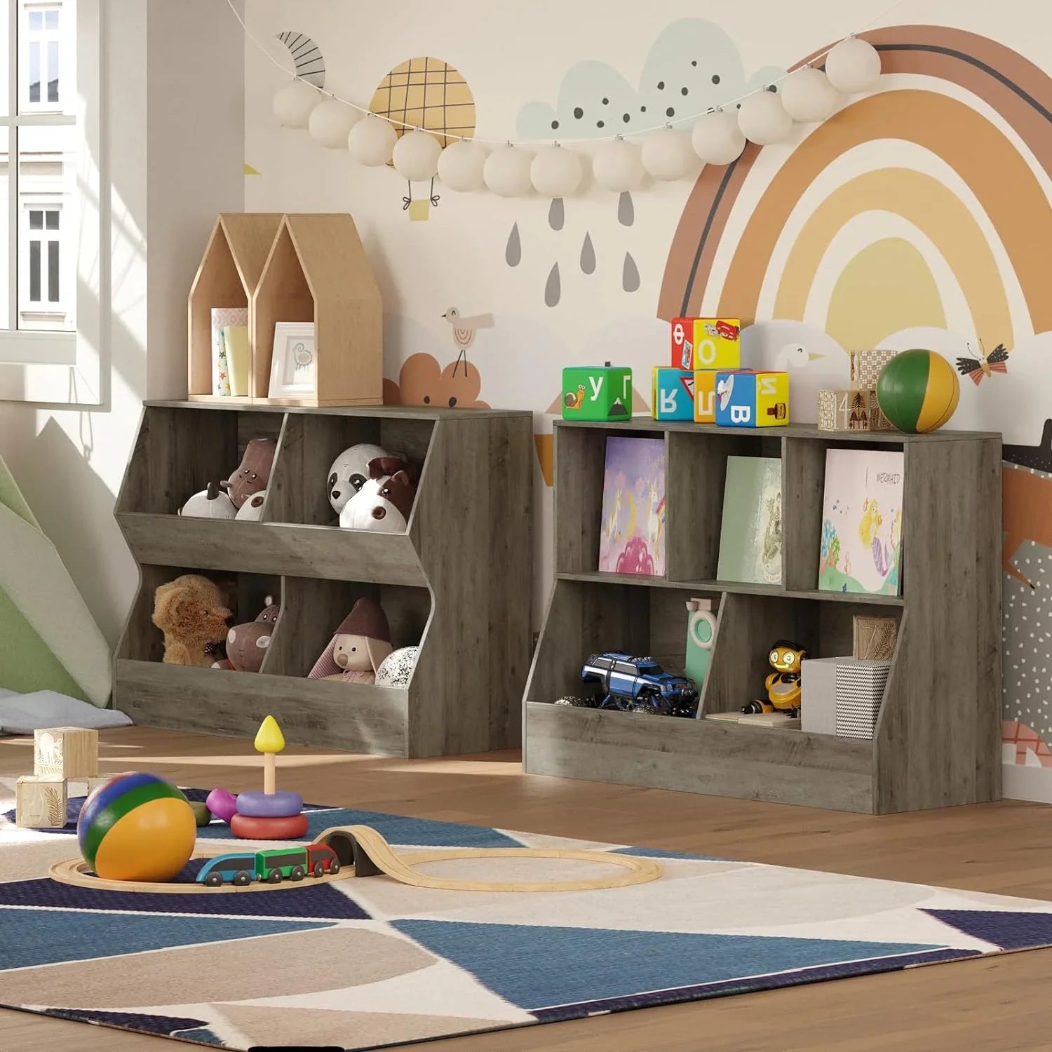 Book Hallway, Bedroom, 4 39.4" Cabinet, Wooden Wash Children , Cubby Kids Long, Toddler Bookcase, Nursery, Toy JIAH Gray Toy Storage Organizer, Shelf Toy Storage School, for