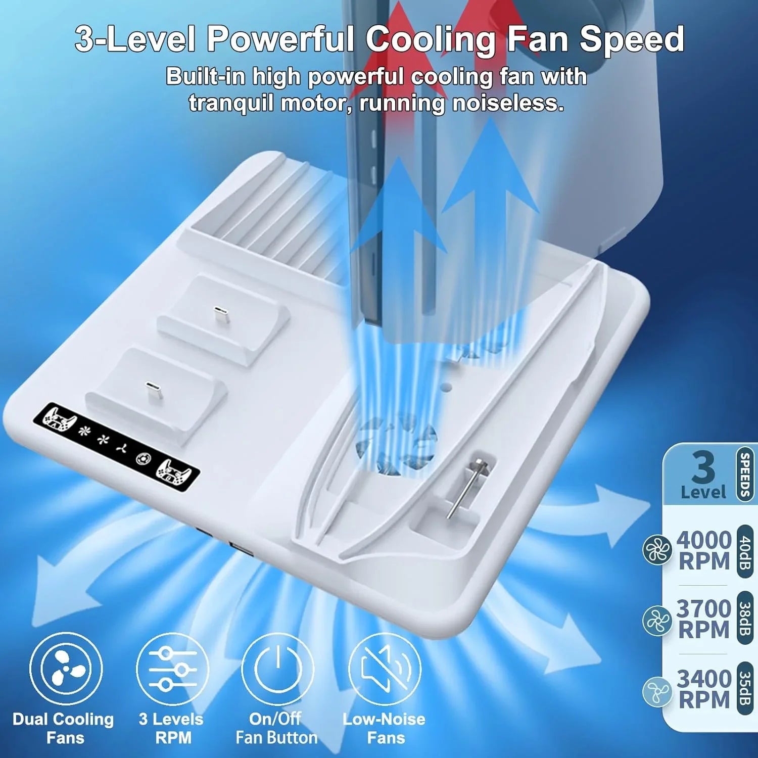 Controllers with Slot+2 Cooling Dual Dock Headphone Cooling 6 With 3-Level Stand Station, Powerful Hanger Stand for Disc PS5 Fan Slim Charging