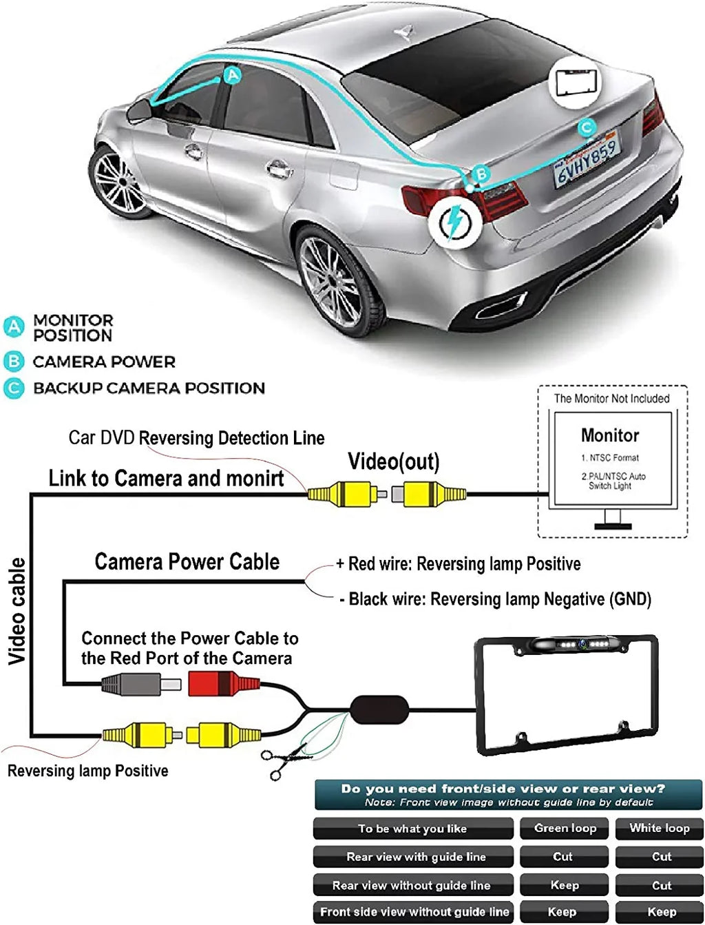 Frame 8 Backup Reverse or Car IR Front US Rearview Camera Vision Black View 12V Plate Night License