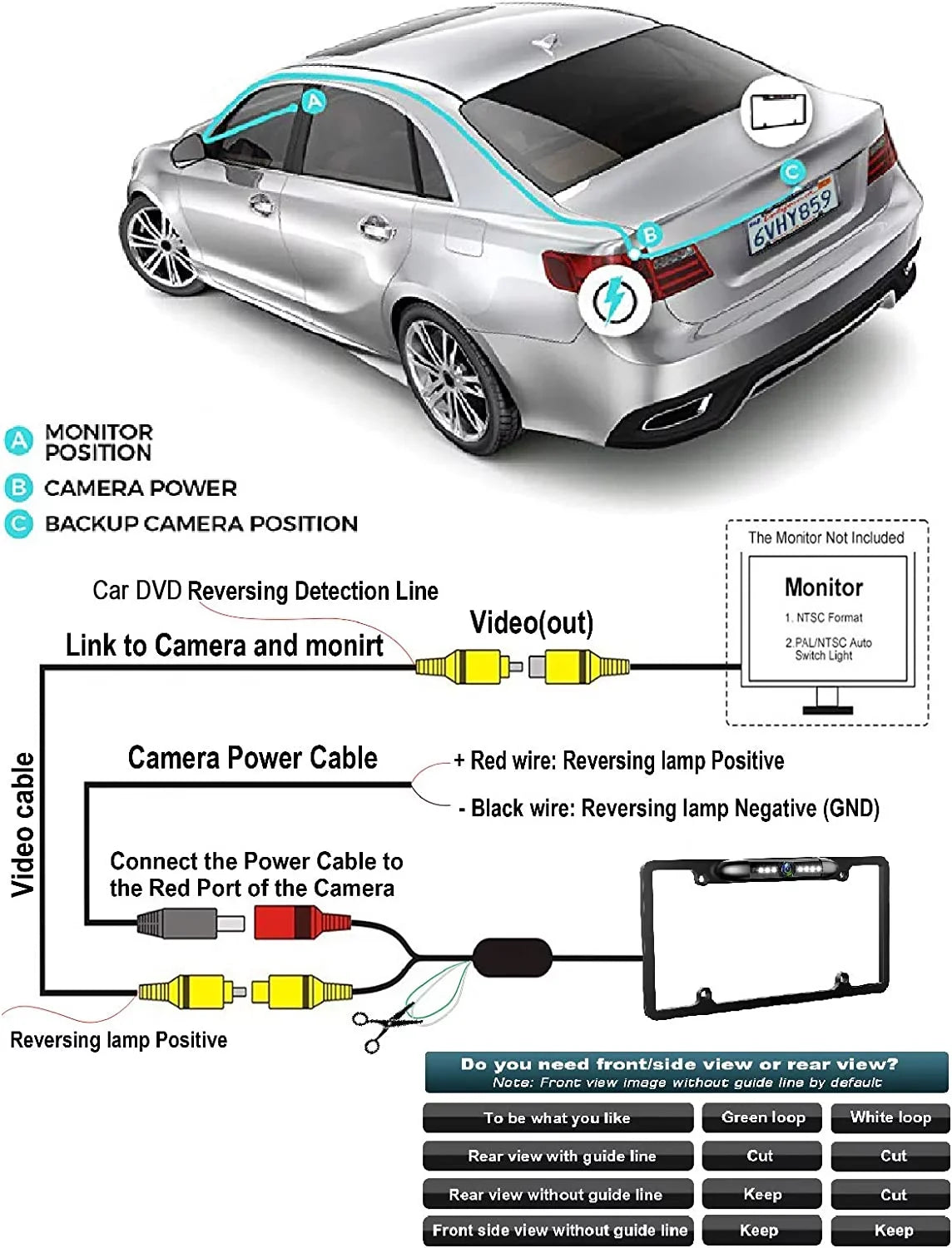 Frame 8 Backup Reverse or Car IR Front US Rearview Camera Vision Black View 12V Plate Night License