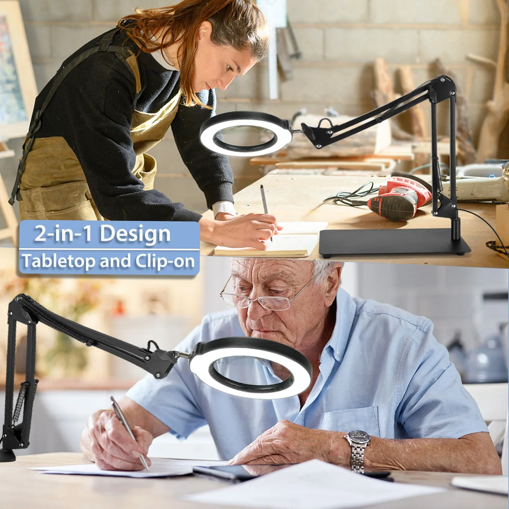Stepless Color Lighted Light 2-in-1 LED Sewing Painting, and 10X Lamp Stand, 5 Clamp, Work, with Magnifying Hands Magnifying Close Desk with Modes Dimmable, for Free Magnifier Glass Craft,