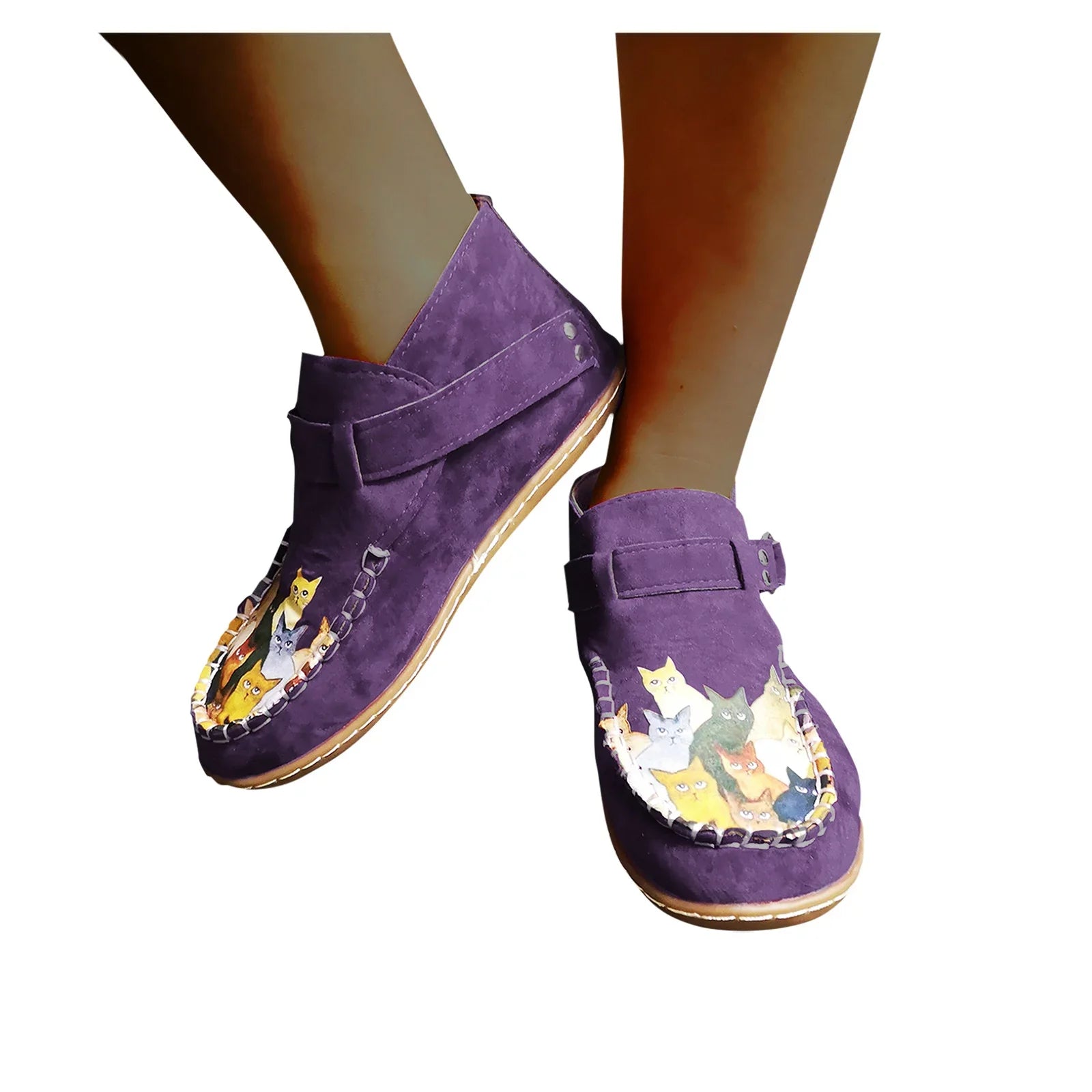 Printed Flat boots Cartoon women's Comfort Button Cat Leather Boots Female Casual Ankle