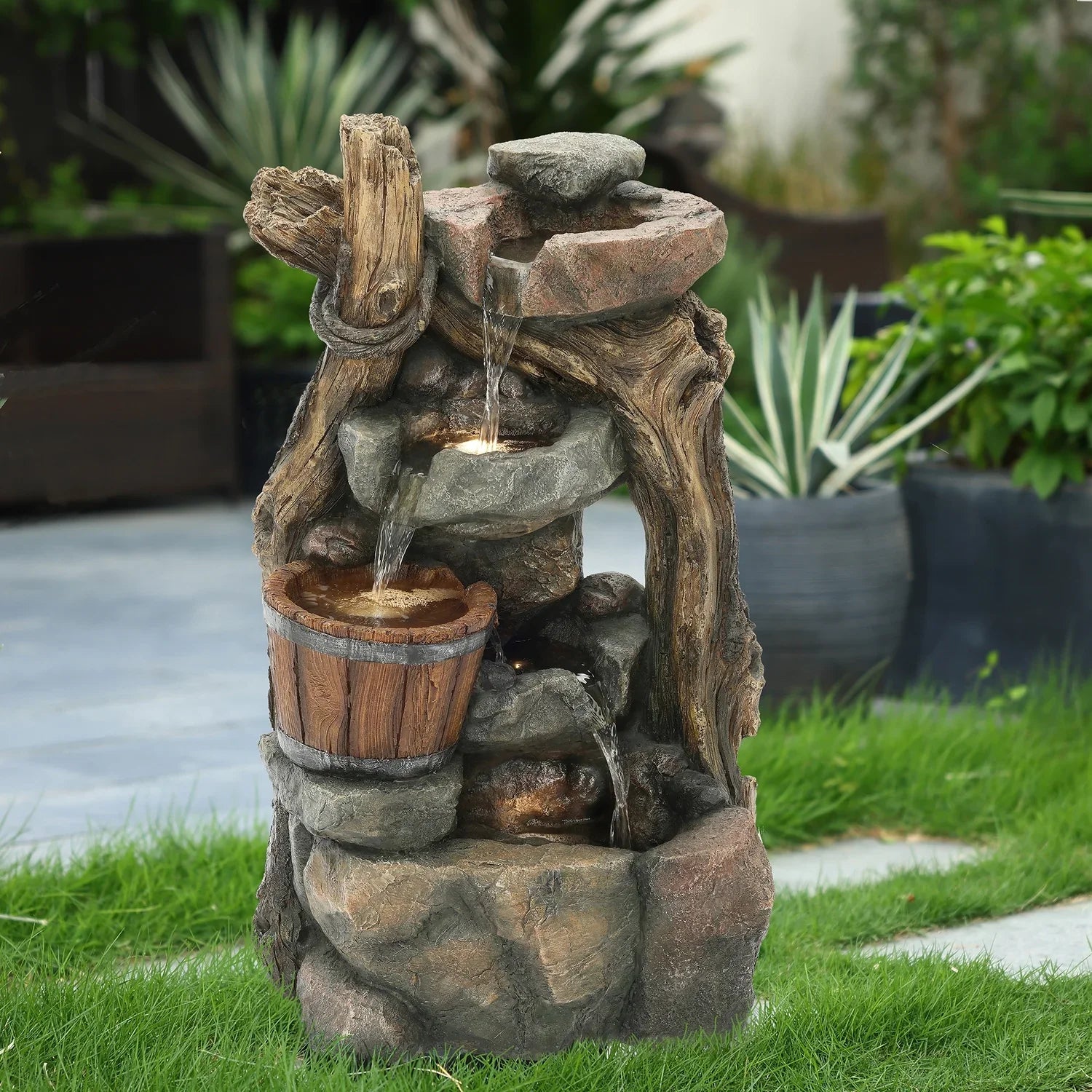 Outdoor HomeStock Wall Led Naturally Rock Lights Barrel Nice Fountain And Resin Stacked With