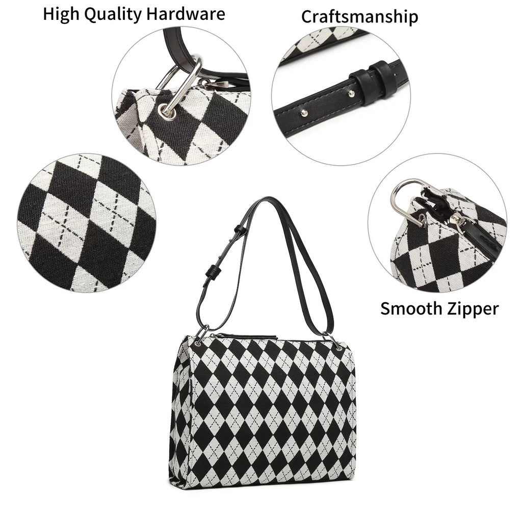 clutch and handbag handbag Black checkerboard pattern Bag Ladies off-white Shoulder