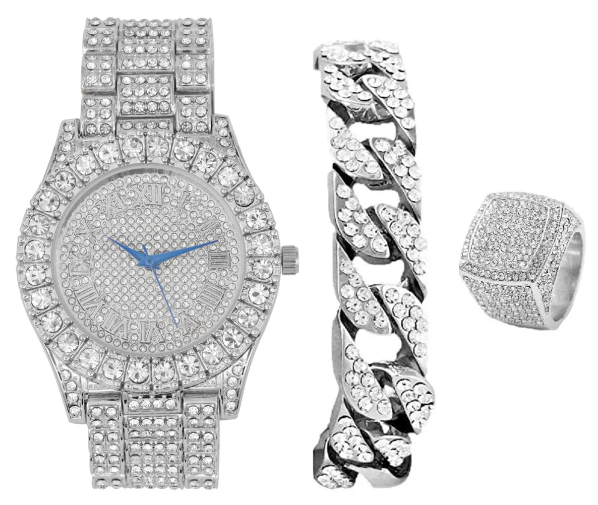 Charles - Ring - Raymond Iced Chain (10,Silver) Bezel Bracelet Dial Fully with Numerals ST10327SET3PC w/Cuban & Roman Big Out Watch Rocks Mens