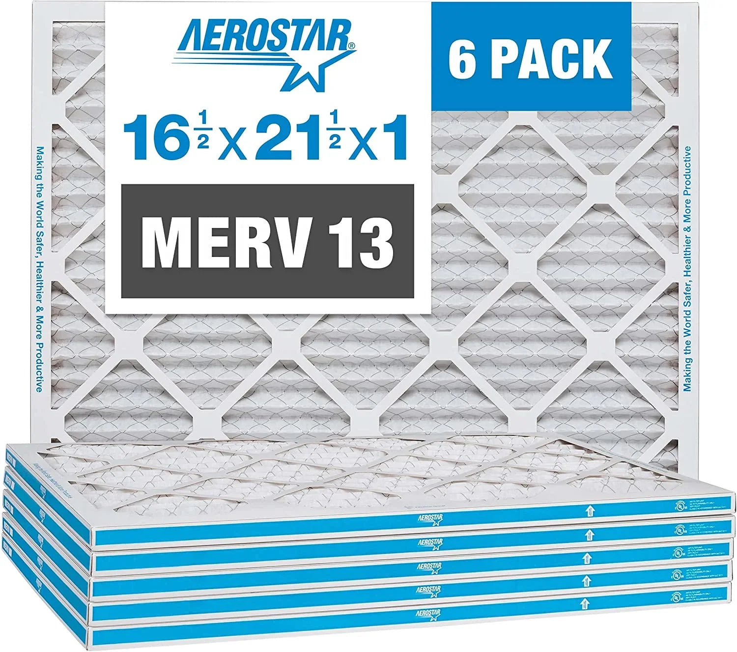 Filter, 1/2x1 MERV 1/2x21 Size: 16 21 Furnace 3/4") 13 Aerostar Air 1/2" Air x x (Actual 1/2" 6-Pack Pleated AC 16 Filter,