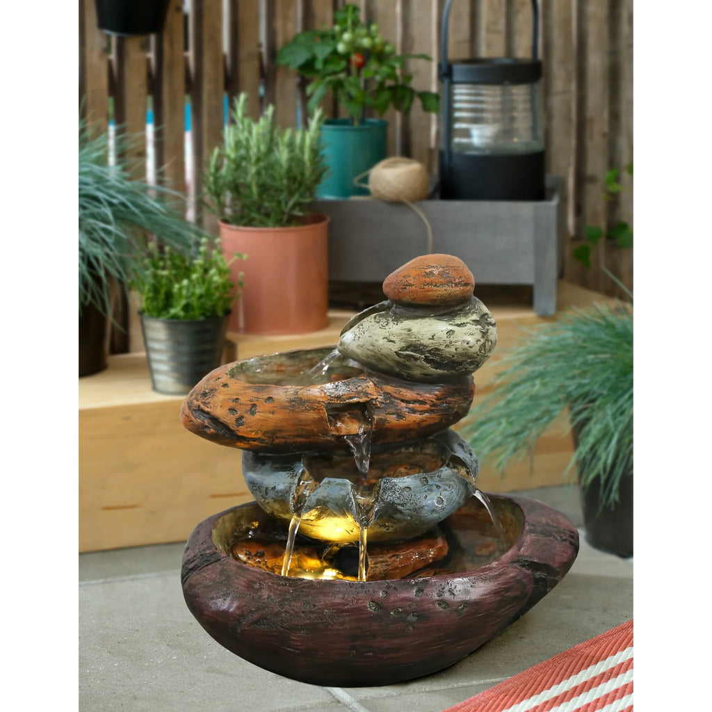 Stone White Fountain Warm Lights Tabletop With LED Multicolour