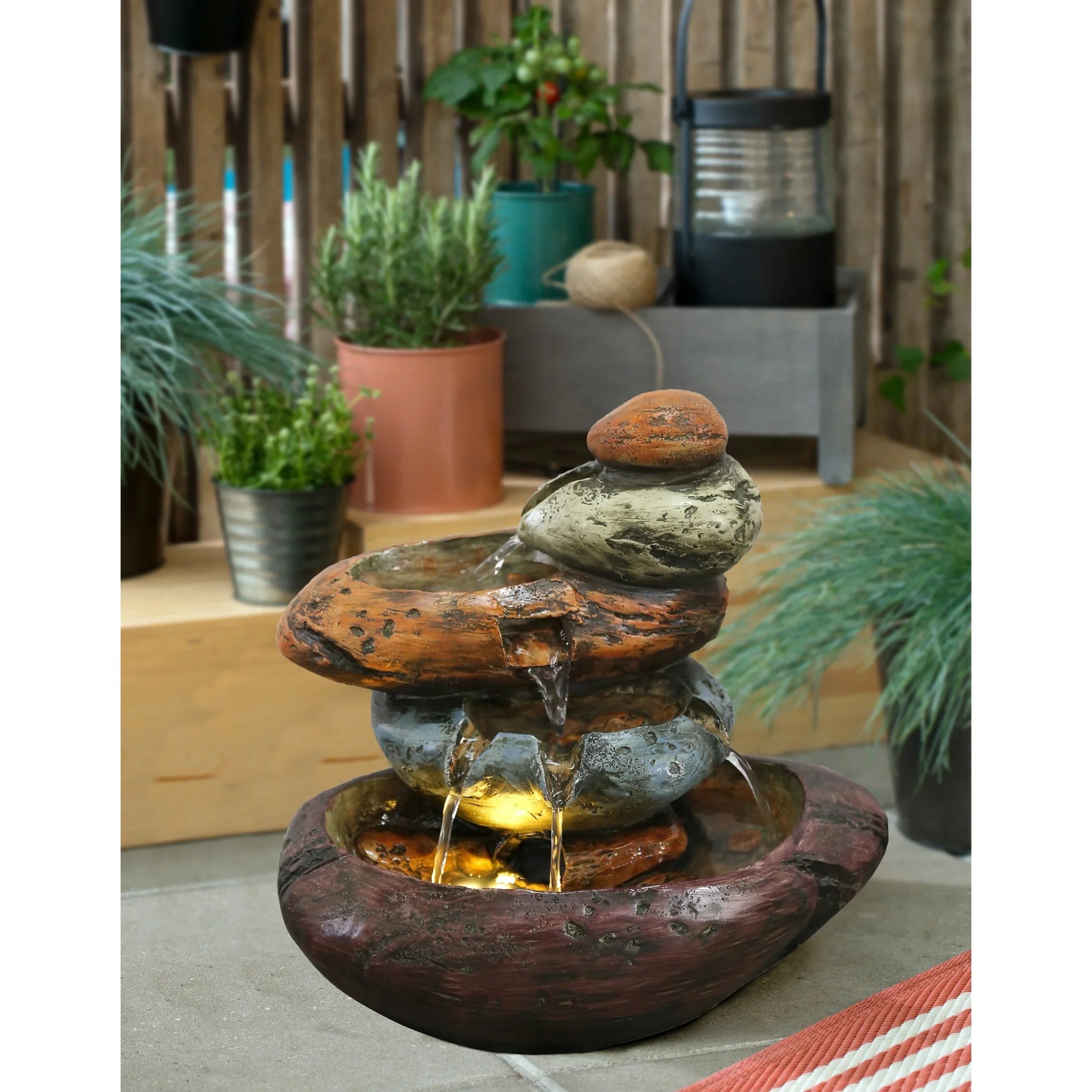 Stone White Fountain Warm Lights Tabletop With LED Multicolour