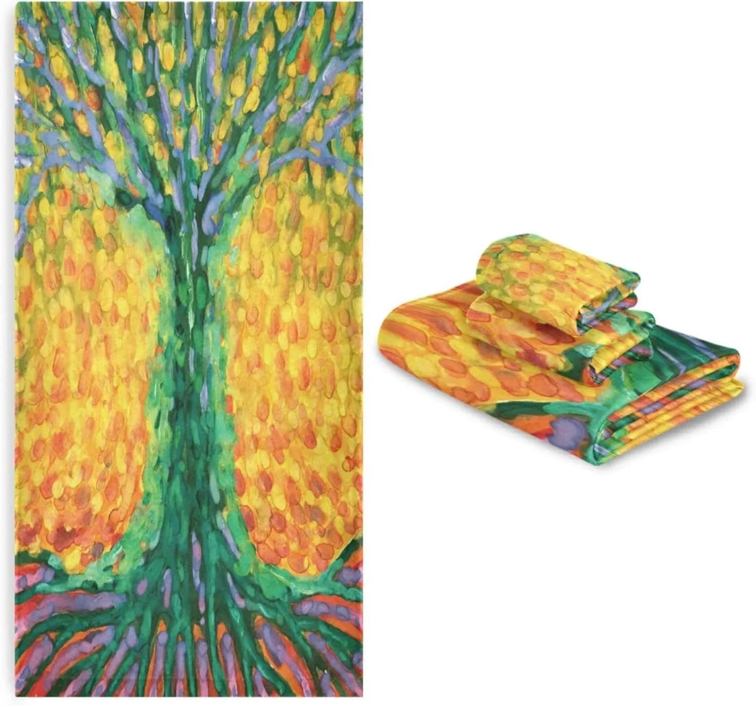 Towel, Life Hand 1 1 Cotton Abstract SKYSONIC Pack Towels Towel Bath for Towel, Super Washcloth) Quick Towel and 3 Set for Bathroom, Soft (1 Tree Dry Bath