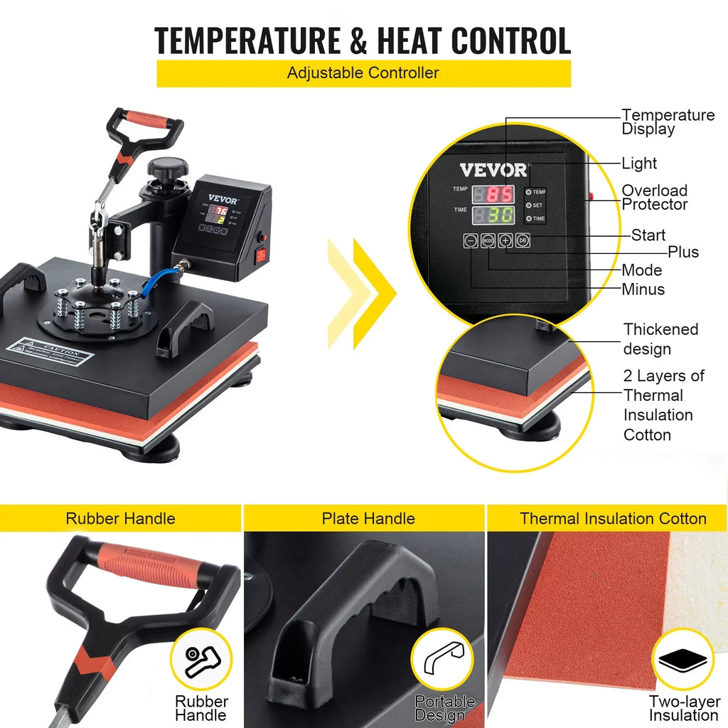 Machine 6 Heat 1 Shirts Hat Transfer Printing for Away T Rotation Display 360 Heat Dual in LED Mug Multifunctional Sublimation Cap Press Digital Combo Degree VEVORbrand 15"x15" Swing Machine Plate