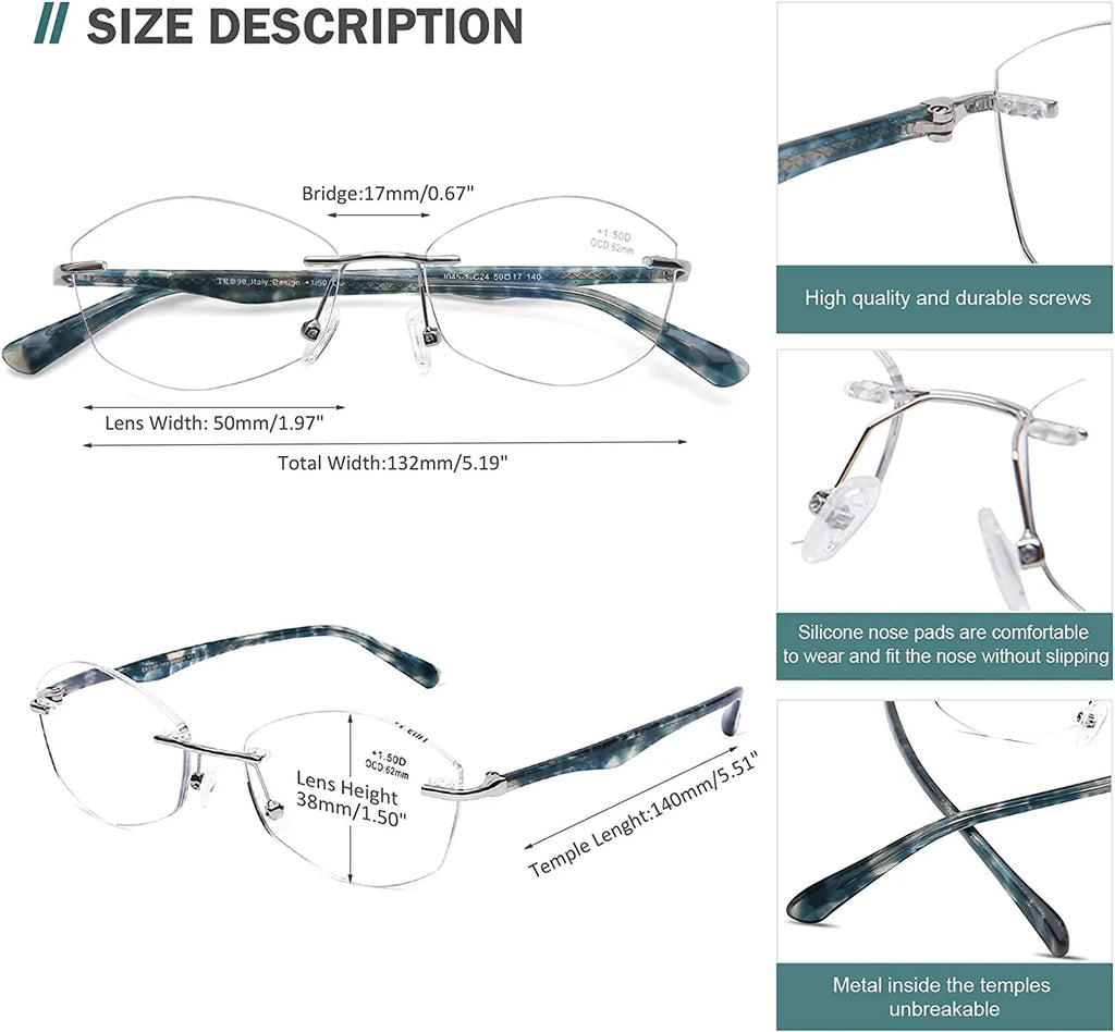 Glasses Protect Fashion Light Women Computer Blocking Rimless Reading 2.5 Ladies Frame, UV400 Readers Blue AQWANO Designer Clear Lens