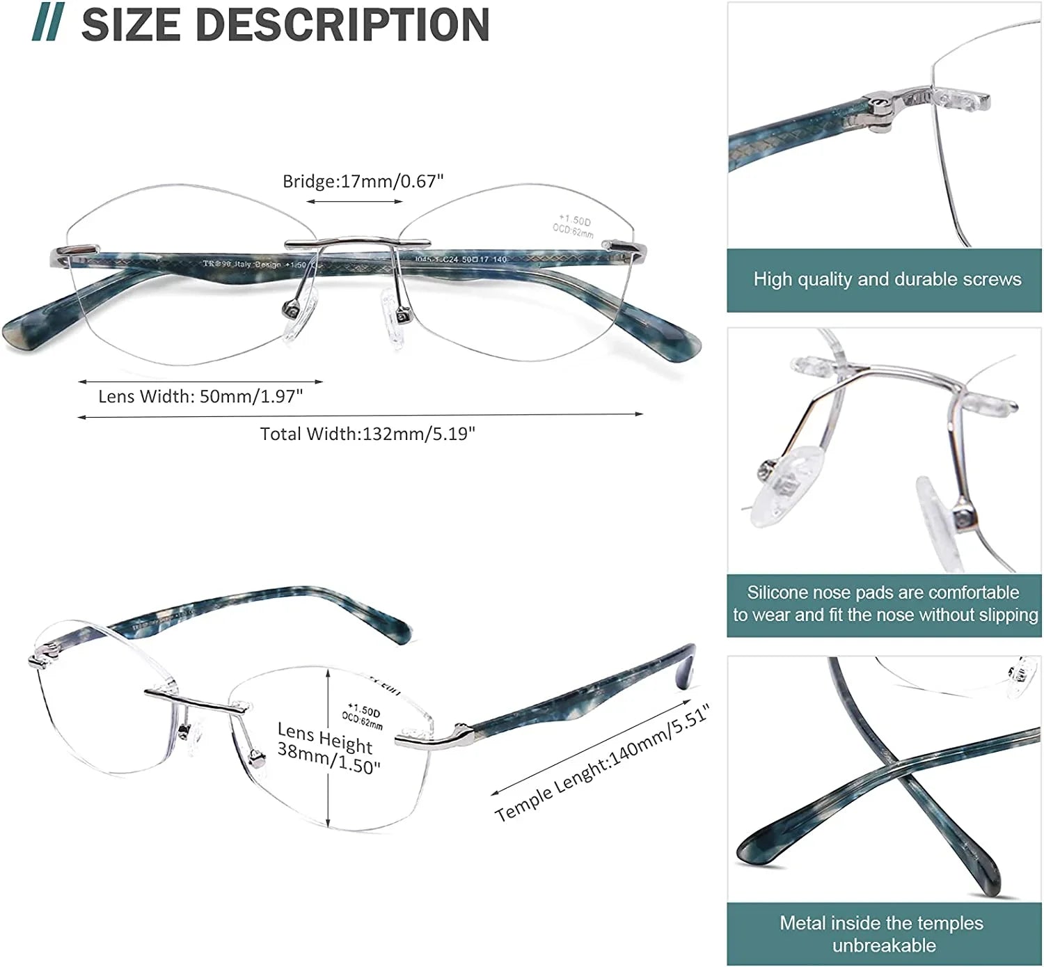 Glasses Protect Fashion Light Women Computer Blocking Rimless Reading 2.5 Ladies Frame, UV400 Readers Blue AQWANO Designer Clear Lens