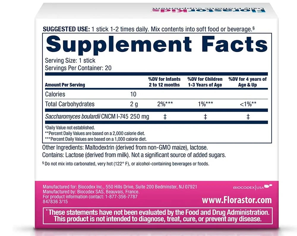 Florastor (250 Supplements Kids for 20 Sachets) Probiotic Daily Boys Girls and mg;