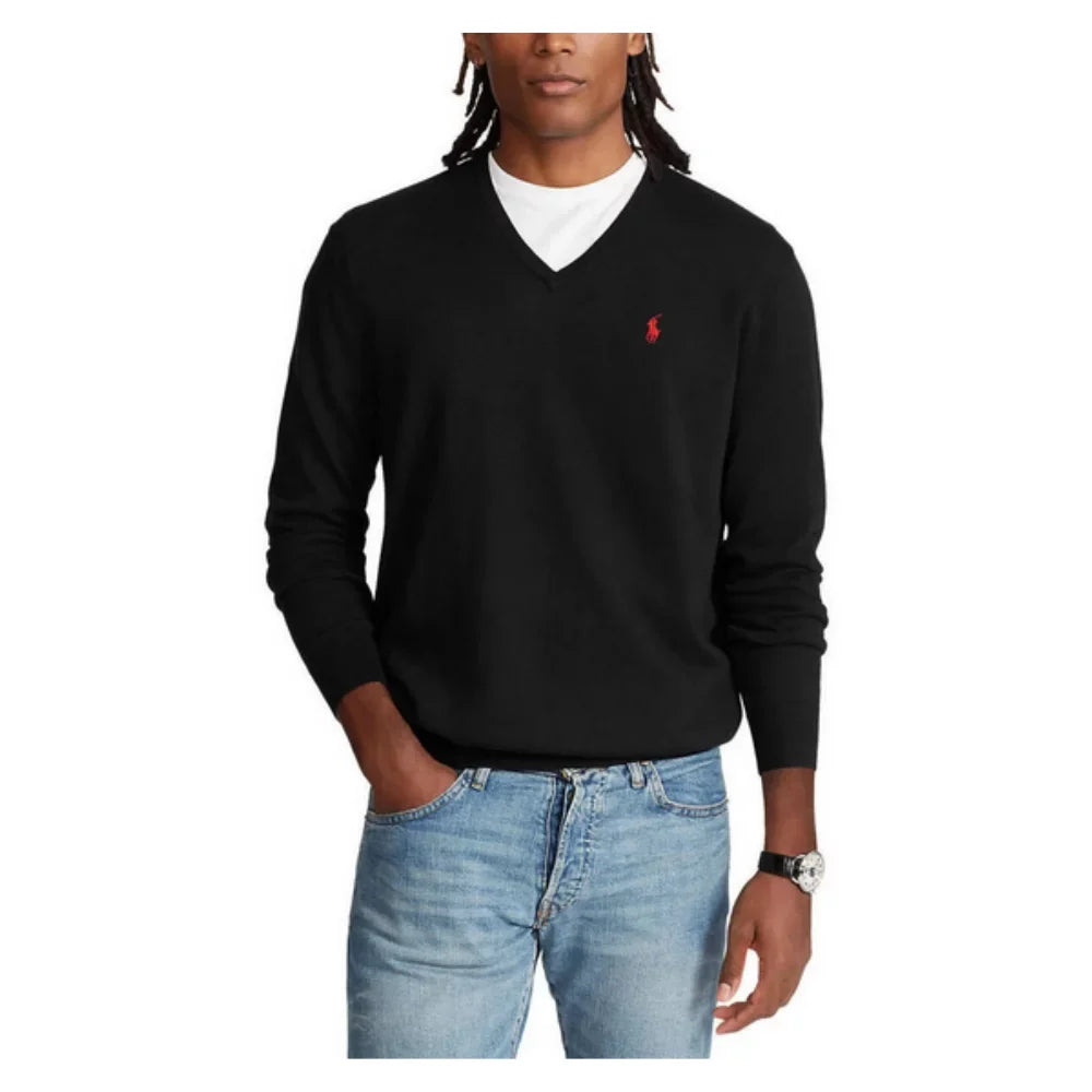 V-Neck (Small, Pima Black) Sweater Cotton Mens Polo Lauren Ralph