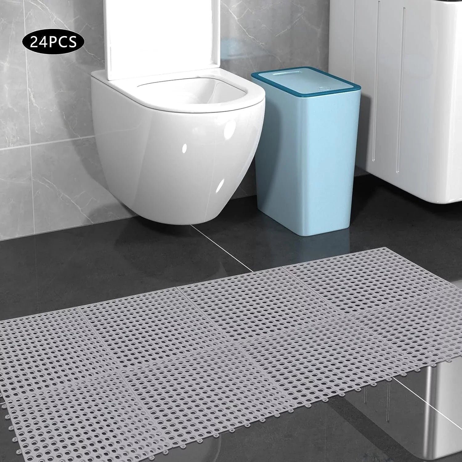 Interlocking Holes Floor Drainage 11.8*11.8" Shower PVC 24PCs with Nonslip Pool Mat,Soft Mat Bath Gray Kitchen, Bathroom, for