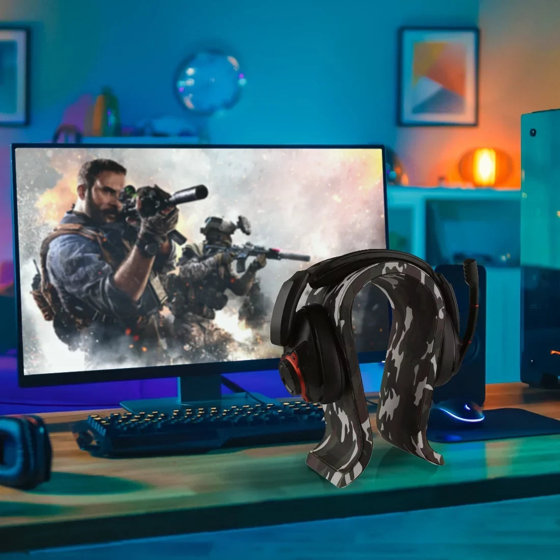 for Geekria Desk Wooden Over-Ear JBL, Compatible Sennheiser, Headphone Headphones, Razer, Beach, Hyperx, Stand, Display PS5 Vegan Stand Omega Turtle Sony (Camo) Hanger Leather Headset with Gaming