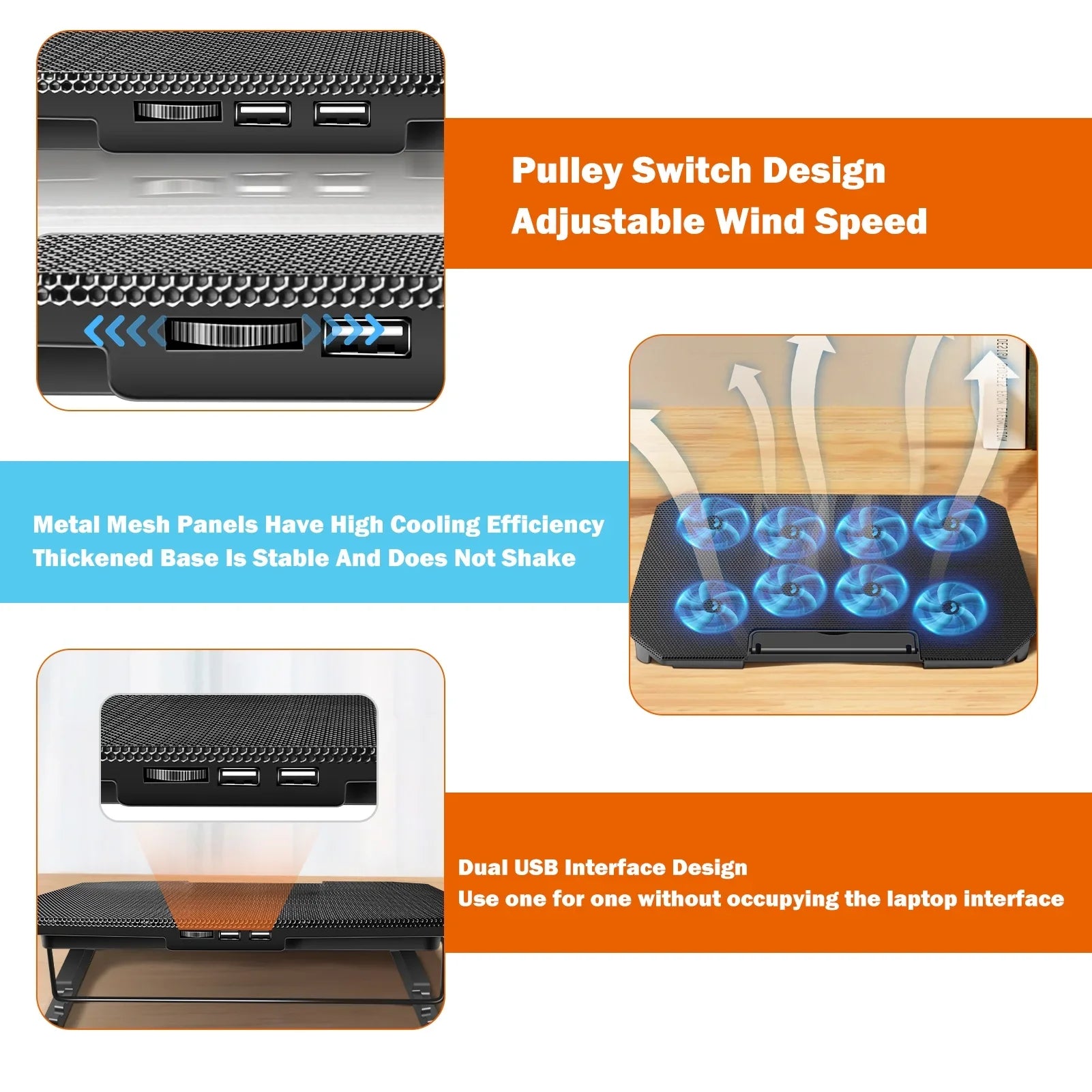 with and USB Fan Cooling 10-15.6 Strength 2 Inch Laptop Ports Adjustable Fan, Htovila