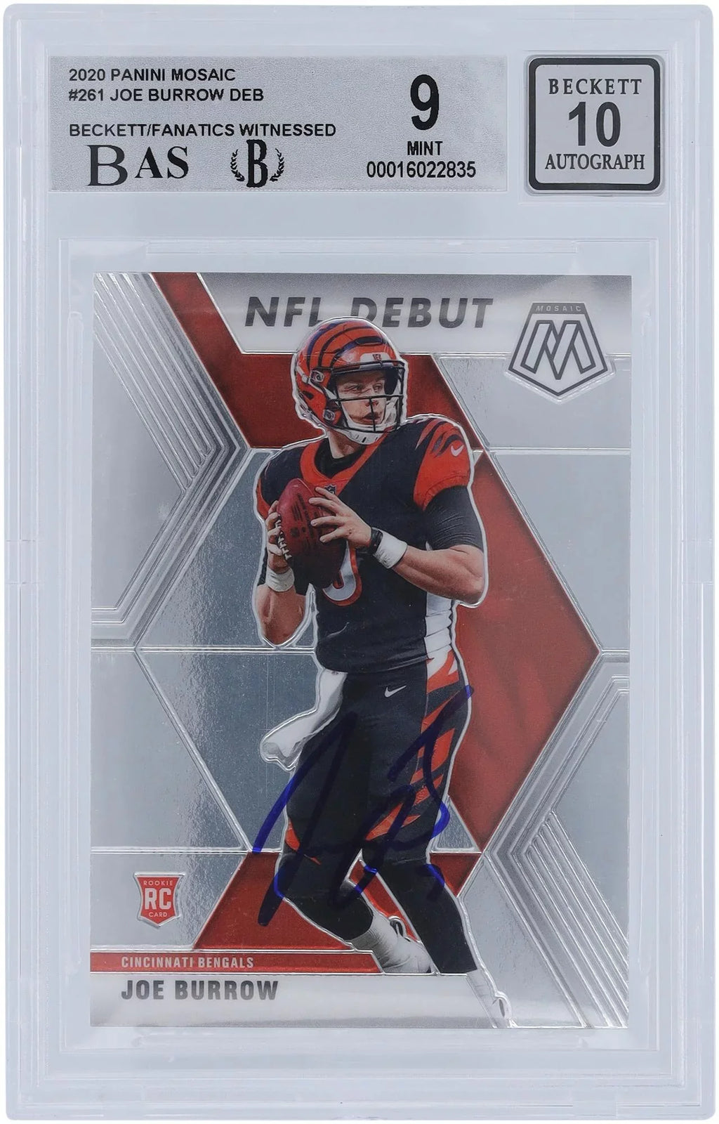 #261 Burrow Panini Certified Authentic Rookie Card - Beckett 9,8.5,9,9 Joe 2020 Bengals 9/10 Fanatics - Subgrades Witnessed Mosaic Fanatics Authenticated Autographed Cincinnati