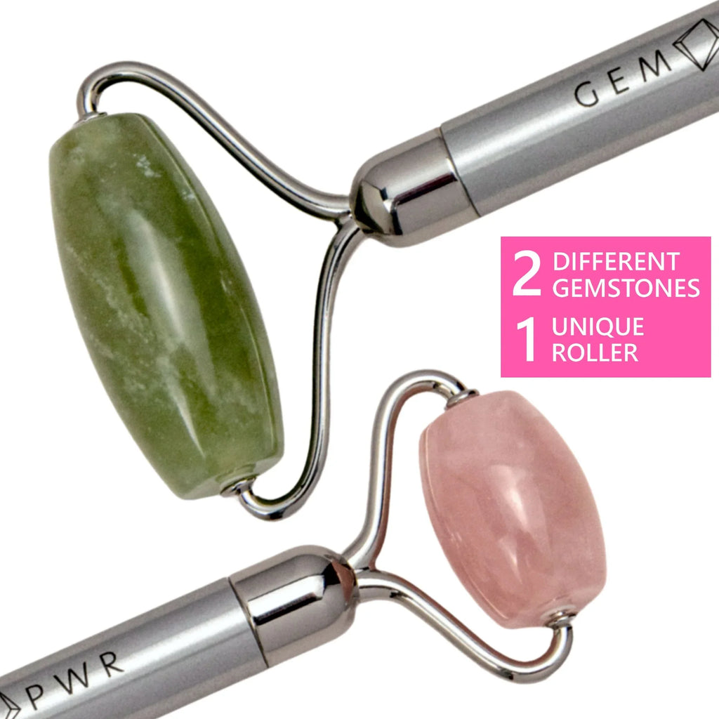 Travel GEM Bag Roller, Jade Dual with PWR 2-in-1 Face Quartz Handle Rose + Steel and Durable Head