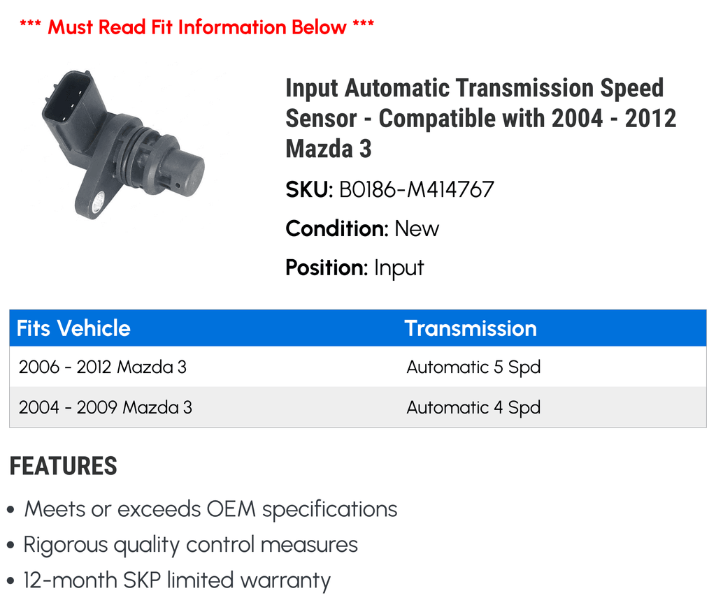 Transmission with 2011 2008 - Input Automatic 2007 2006 2010 2009 - 2005 Mazda Speed 2004 Compatible 2012 3 Sensor