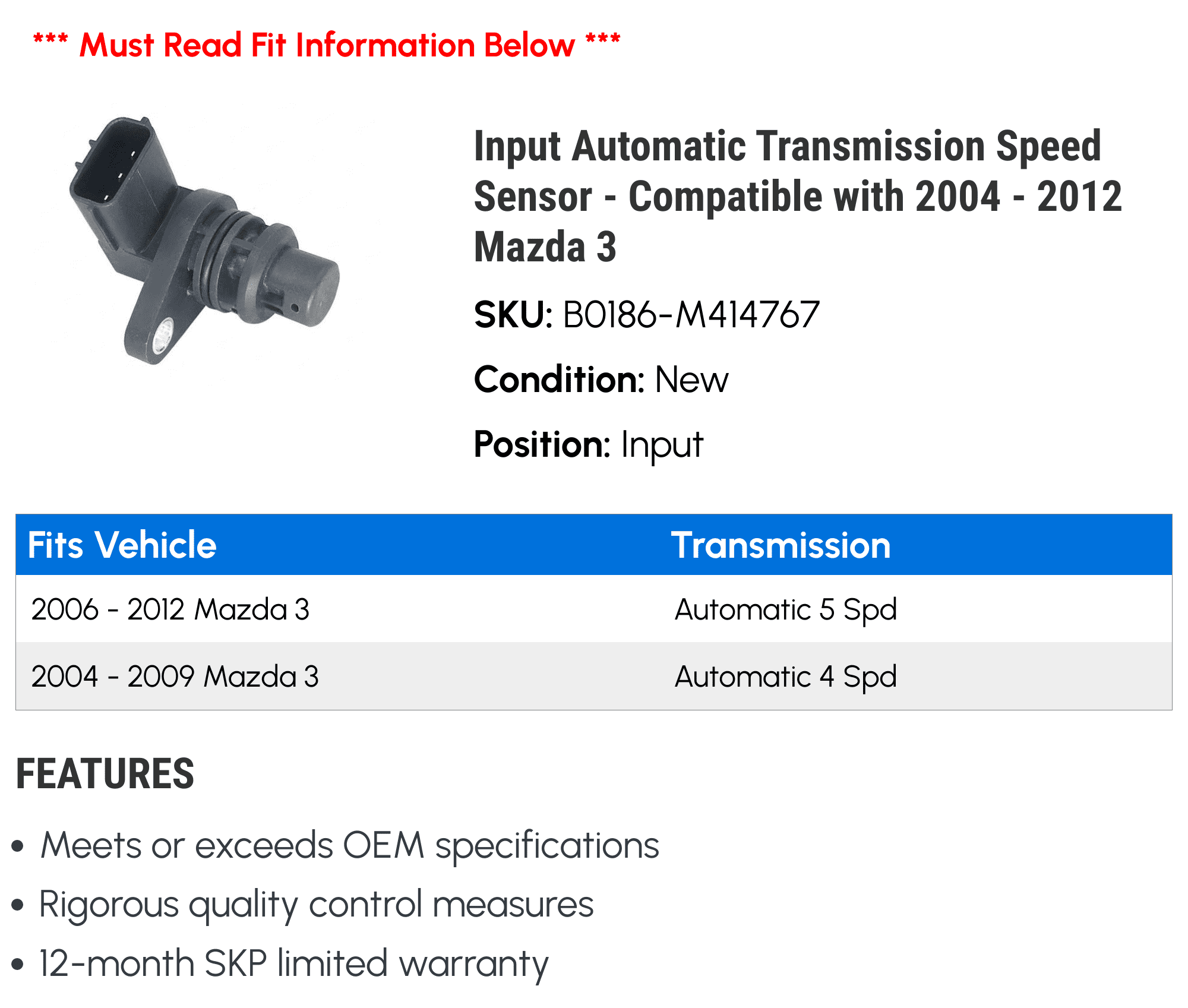 Transmission with 2011 2008 - Input Automatic 2007 2006 2010 2009 - 2005 Mazda Speed 2004 Compatible 2012 3 Sensor