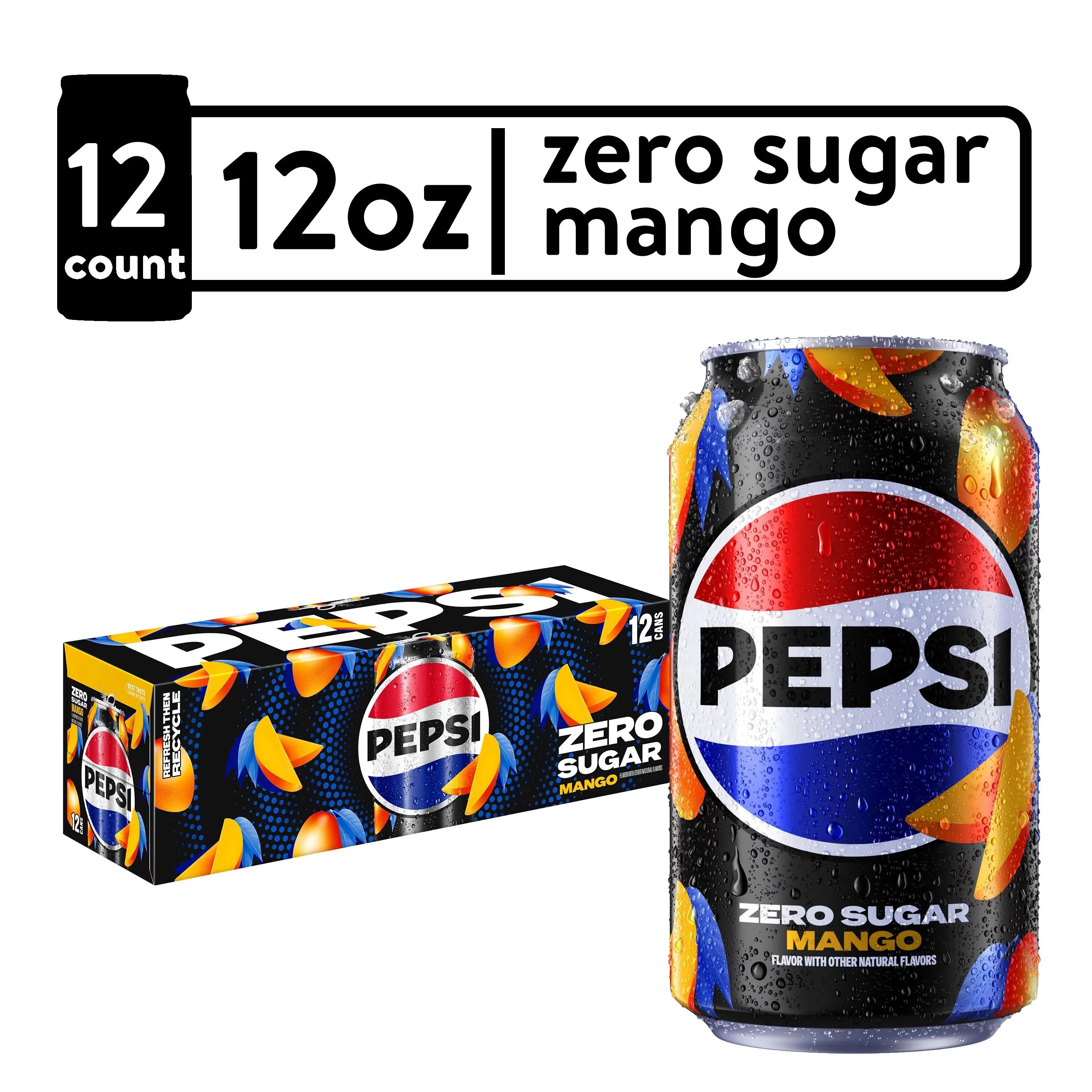 Mango Soda Zero oz, 12 fl Cans 12 Cola Sugar Pop, Pack Pepsi