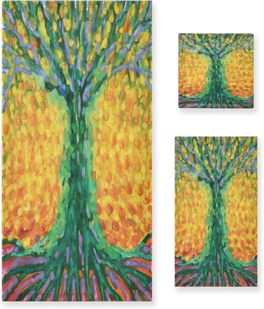Towel, Life Hand 1 1 Cotton Abstract SKYSONIC Pack Towels Towel Bath for Towel, Super Washcloth) Quick Towel and 3 Set for Bathroom, Soft (1 Tree Dry Bath