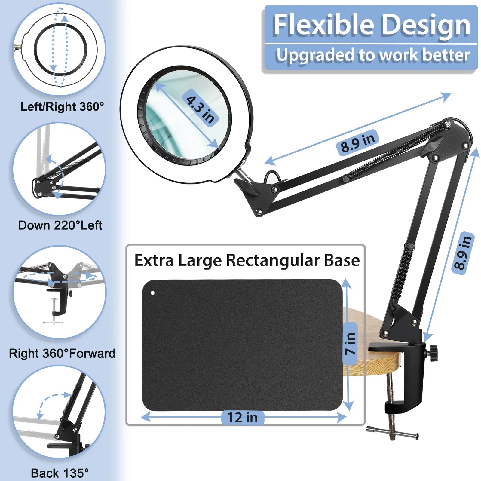 Stepless Color Lighted Light 2-in-1 LED Sewing Painting, and 10X Lamp Stand, 5 Clamp, Work, with Magnifying Hands Magnifying Close Desk with Modes Dimmable, for Free Magnifier Glass Craft,