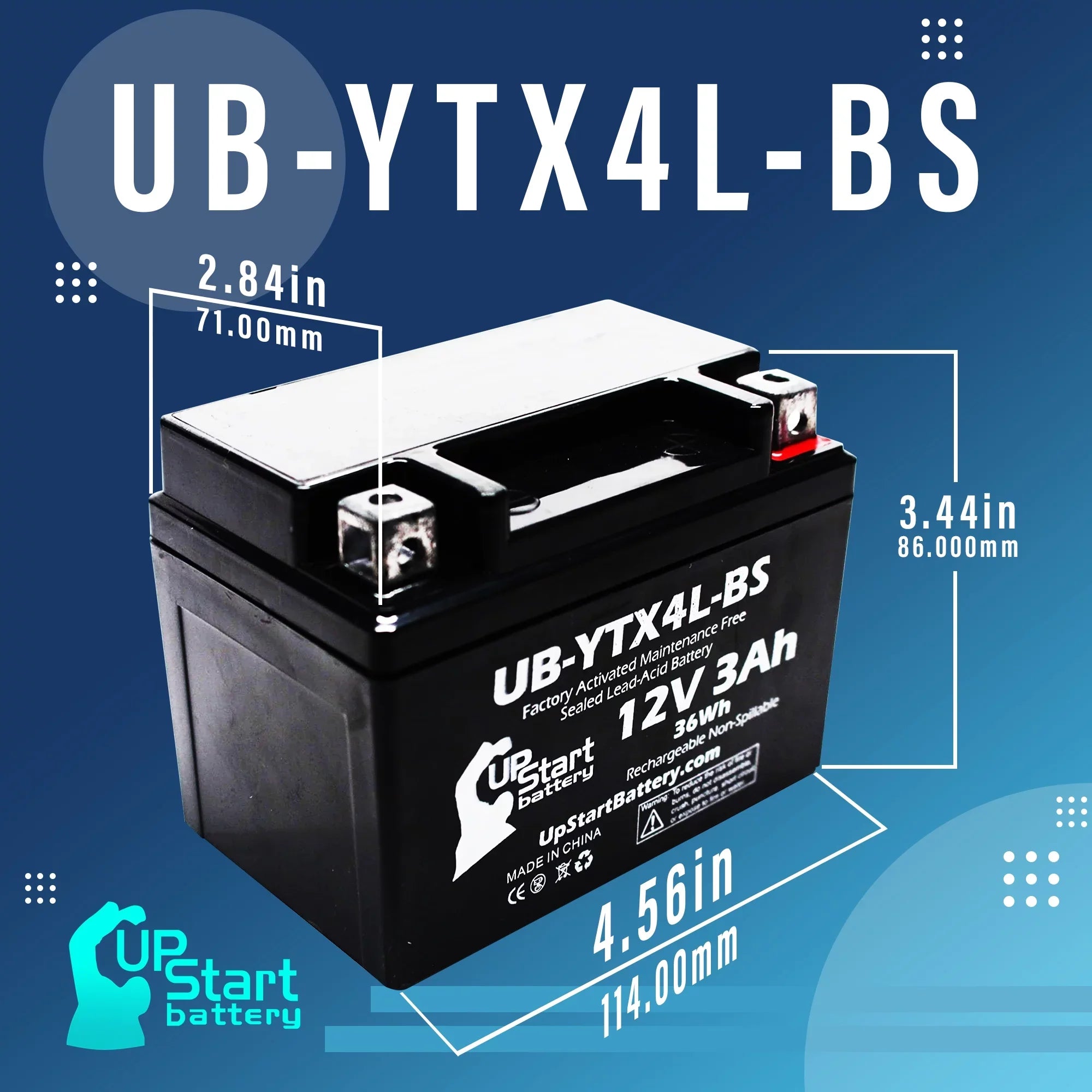 Bombardier Battery UB-YTX4L-BS 4-Pack - Maintenance Replacement Factory UpStart Free, for DS90, ATV DS90F, Quest 12V, (Can-Am) 2004 Activated, 90CC Battery 3Ah,