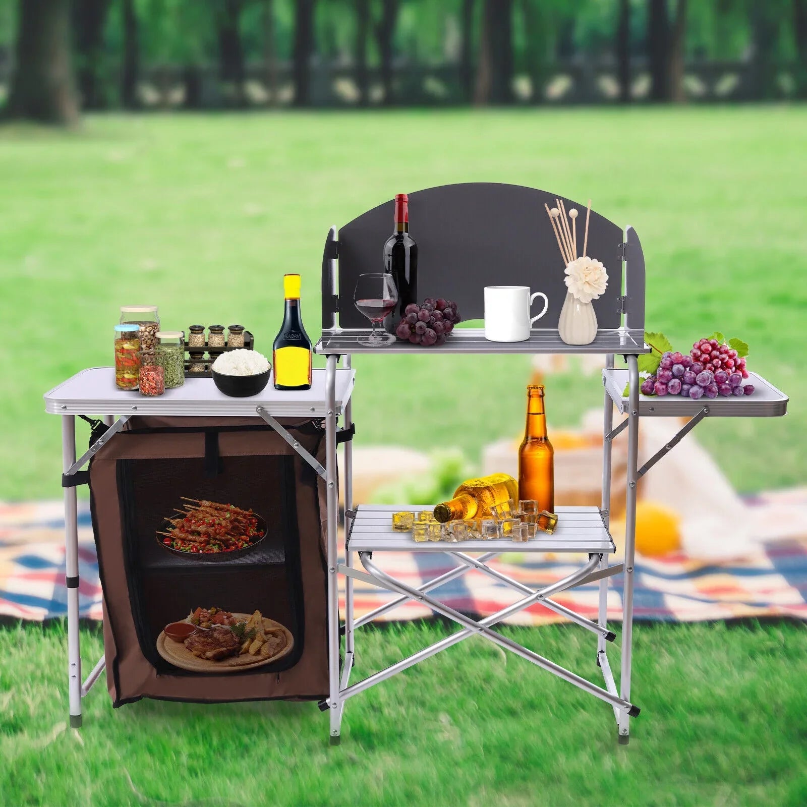 Portable Table Cabinet Miumaeov Camping Picnic Folding BBQ Storage Kitchen Rack Table