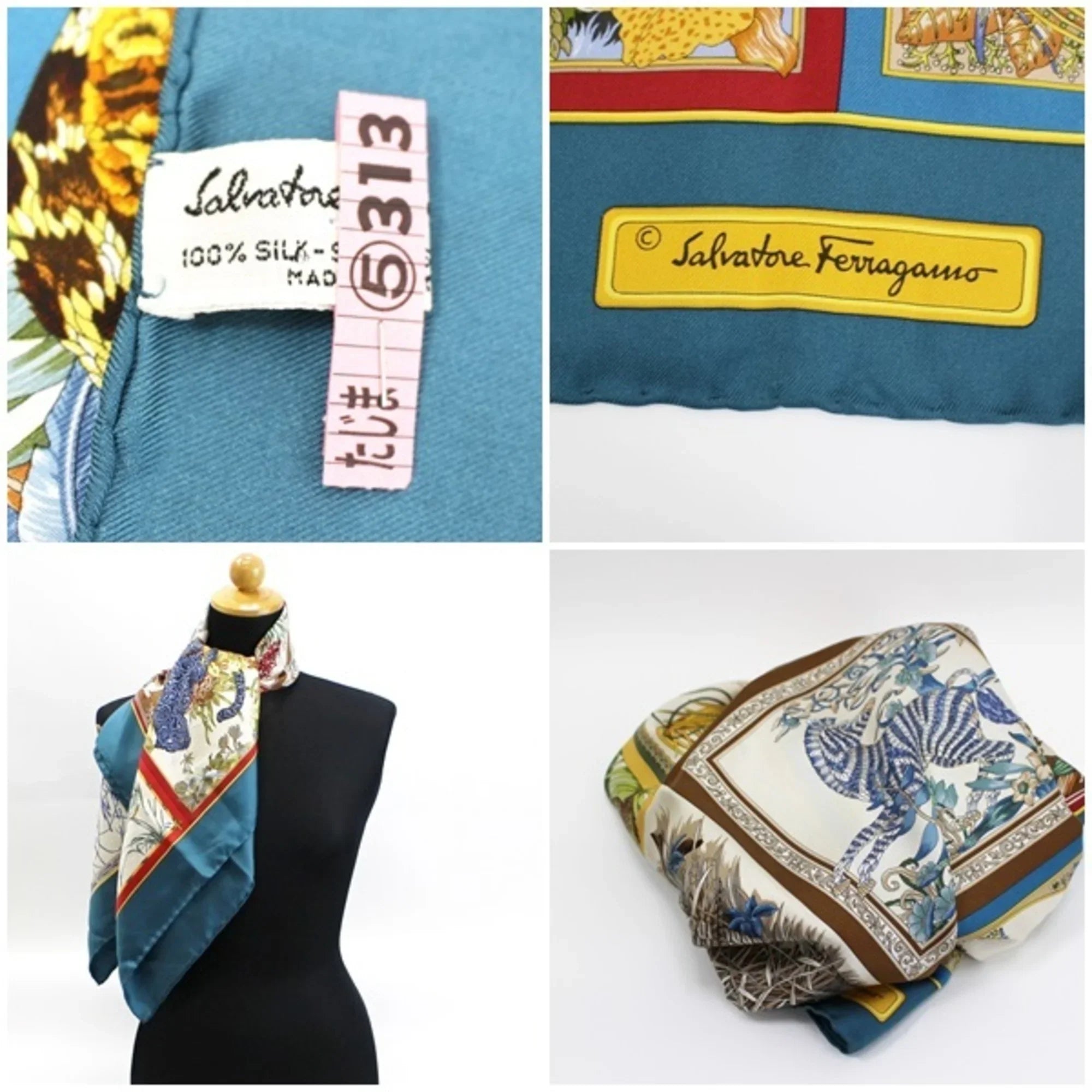 scarf silk muffler green ladies (Good) print teal Pre-Owned Ferragamo animal Salvatore