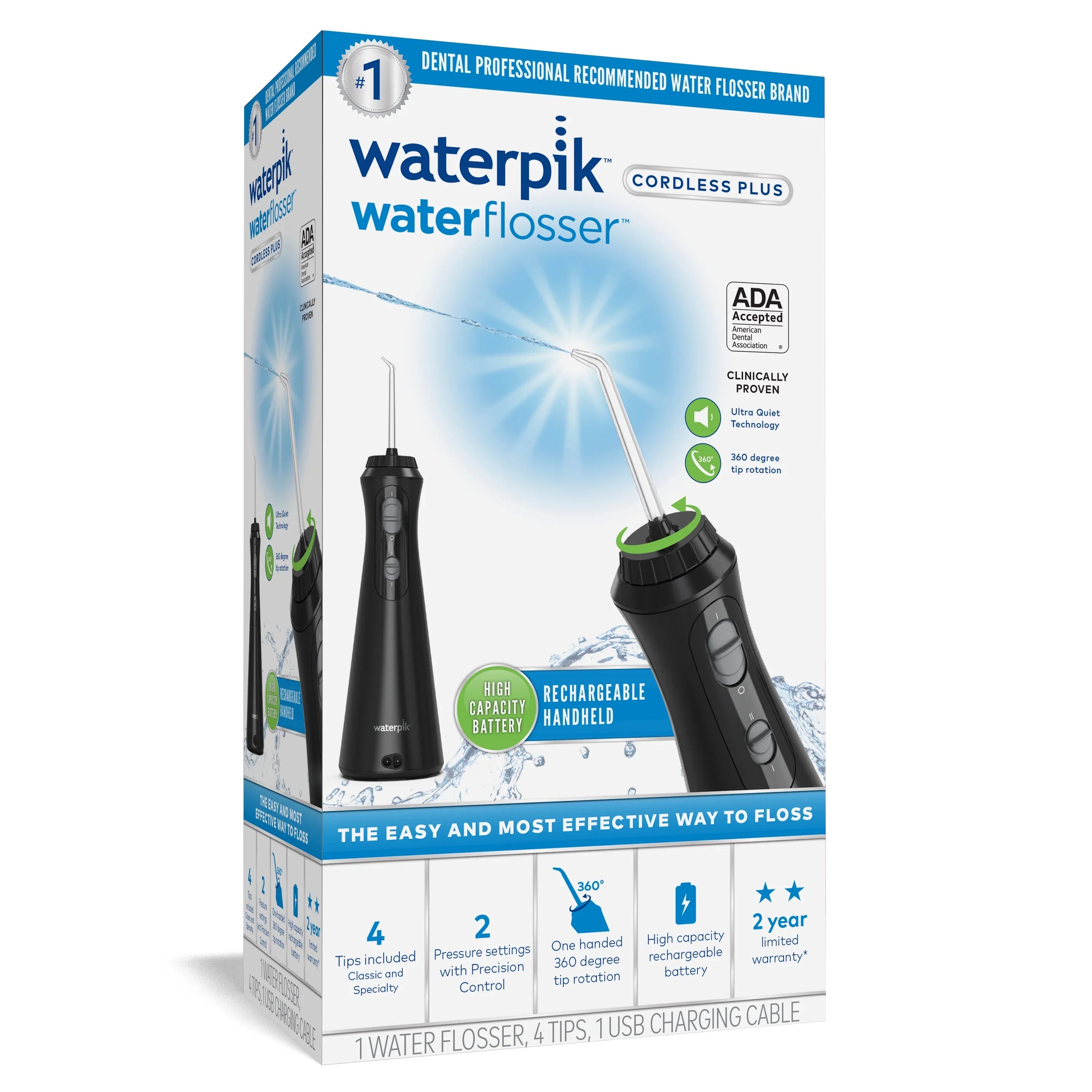 Cordless Oral Flosser Portable Irrigator, Waterpik Water Plus Black