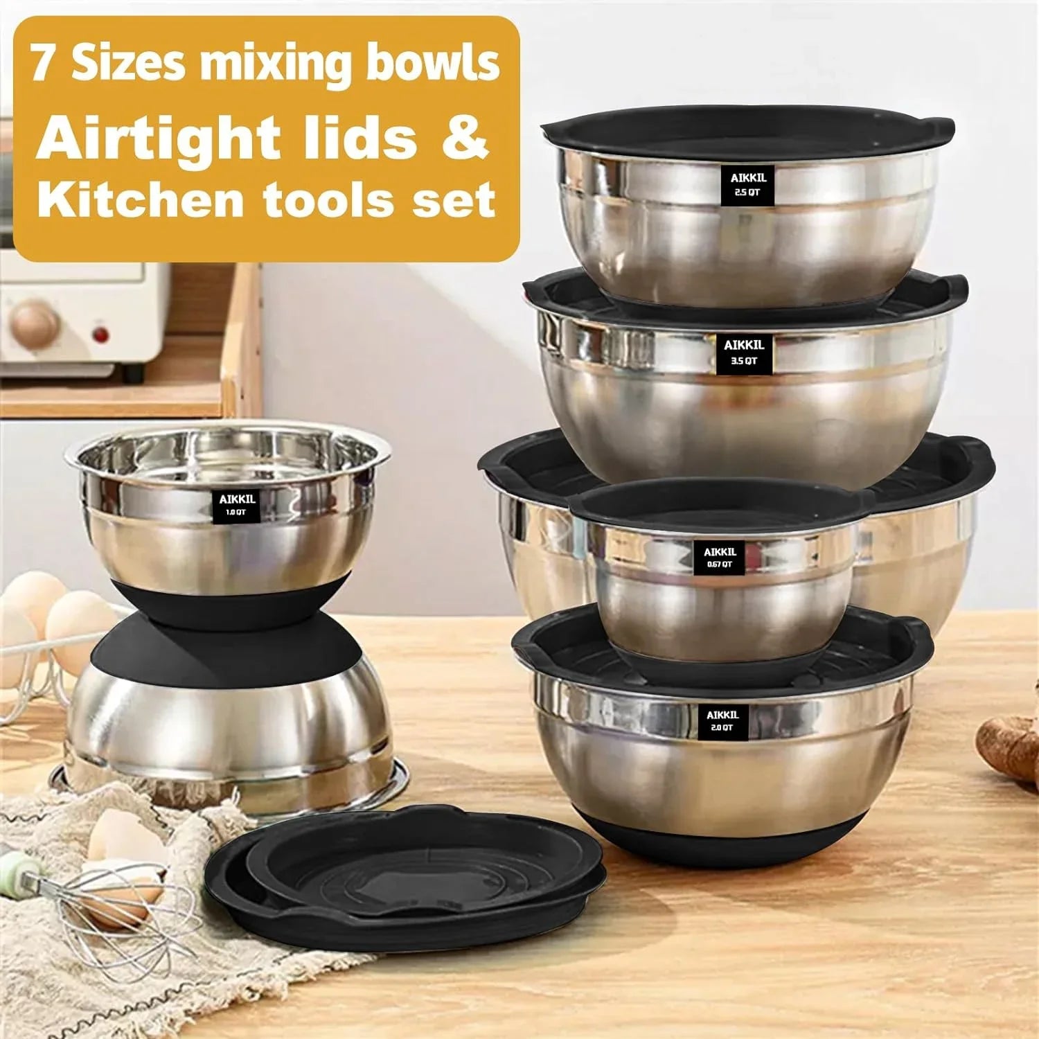 1,0.67QT Airtight Non-Slip AIKKIL 20 Metal Baking, Steel Stainless Silicone with Mixing, (Black) Bowls Lids, for 7, Mixing Bowls, Serving 3.5, Bottom, 2.0,1.5, piece Great 2.5, Size Nesting