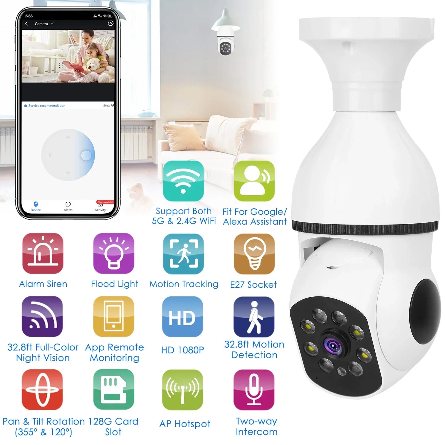 Panoramic Bulb E27 iMounTEK Surveillance Audio APP Control Camera Motion Night 1080P Vision Two-Way FHD Alarm Security Tracking Electric Camera WiFi 360 Degree Wireless