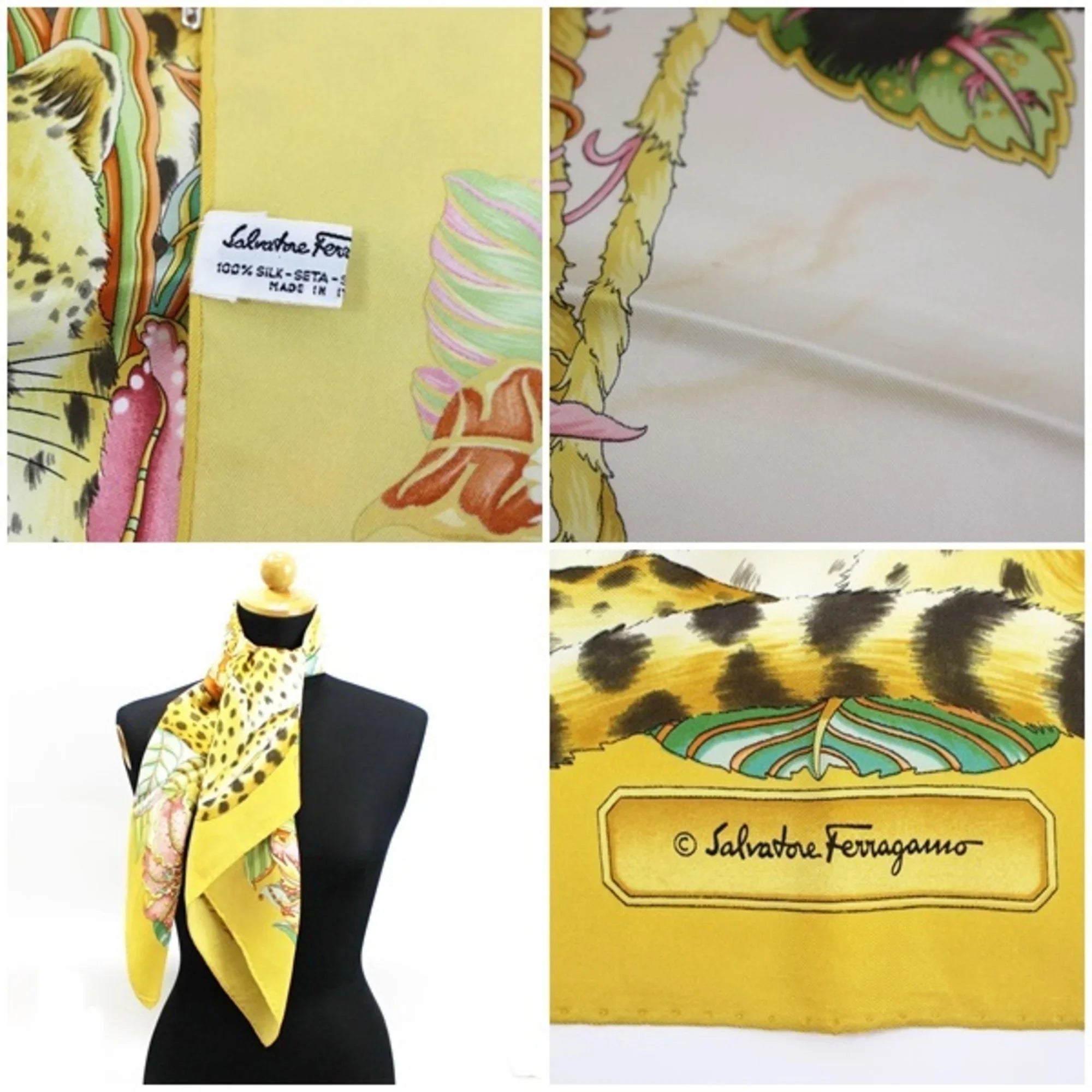Ferragamo Women's Yellow Salvatore Pre-Owned Print (Good) Muffler Scarf Silk Leopard