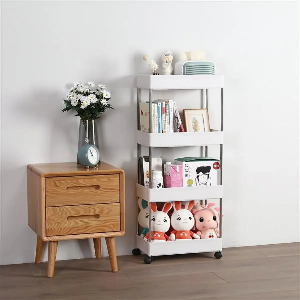 Storage 4-Tier Cart White Rolling Bathroom, Utility and Cart Wheels, Room, Plastic SYTHERS with hooks, Steel, 4 with Stainless for Laundry Kitchen,