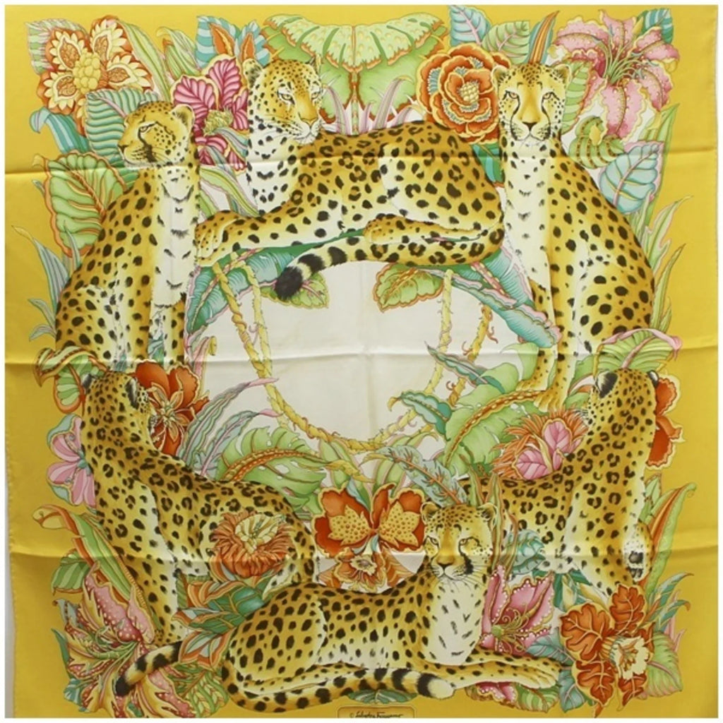 Ferragamo Women's Yellow Salvatore Pre-Owned Print (Good) Muffler Scarf Silk Leopard