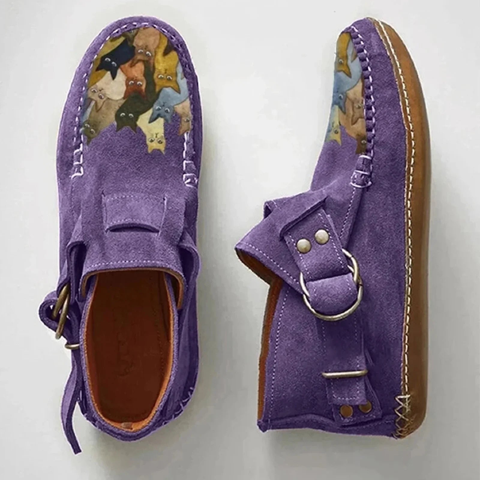 Printed Flat boots Cartoon women's Comfort Button Cat Leather Boots Female Casual Ankle