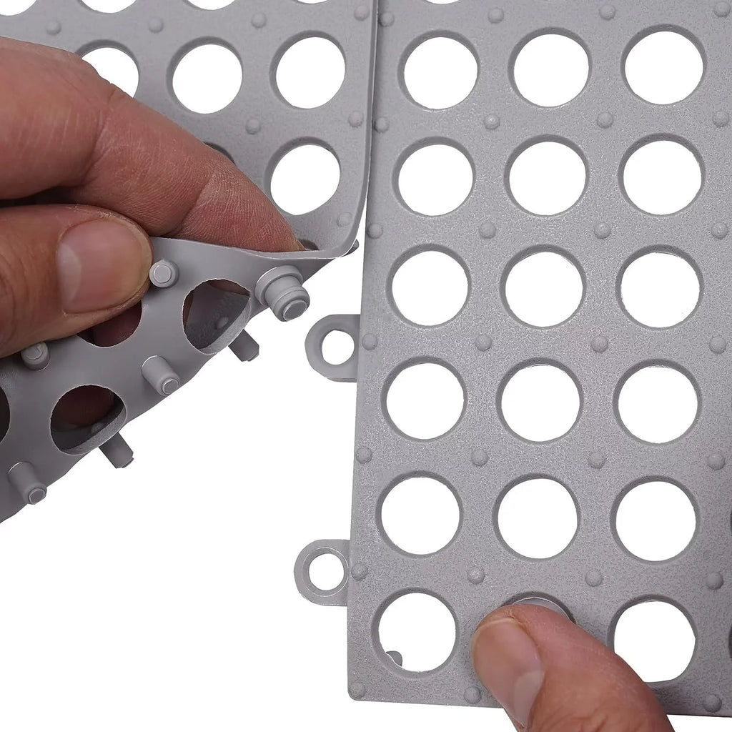 Interlocking Holes Floor Drainage 11.8*11.8" Shower PVC 24PCs with Nonslip Pool Mat,Soft Mat Bath Gray Kitchen, Bathroom, for