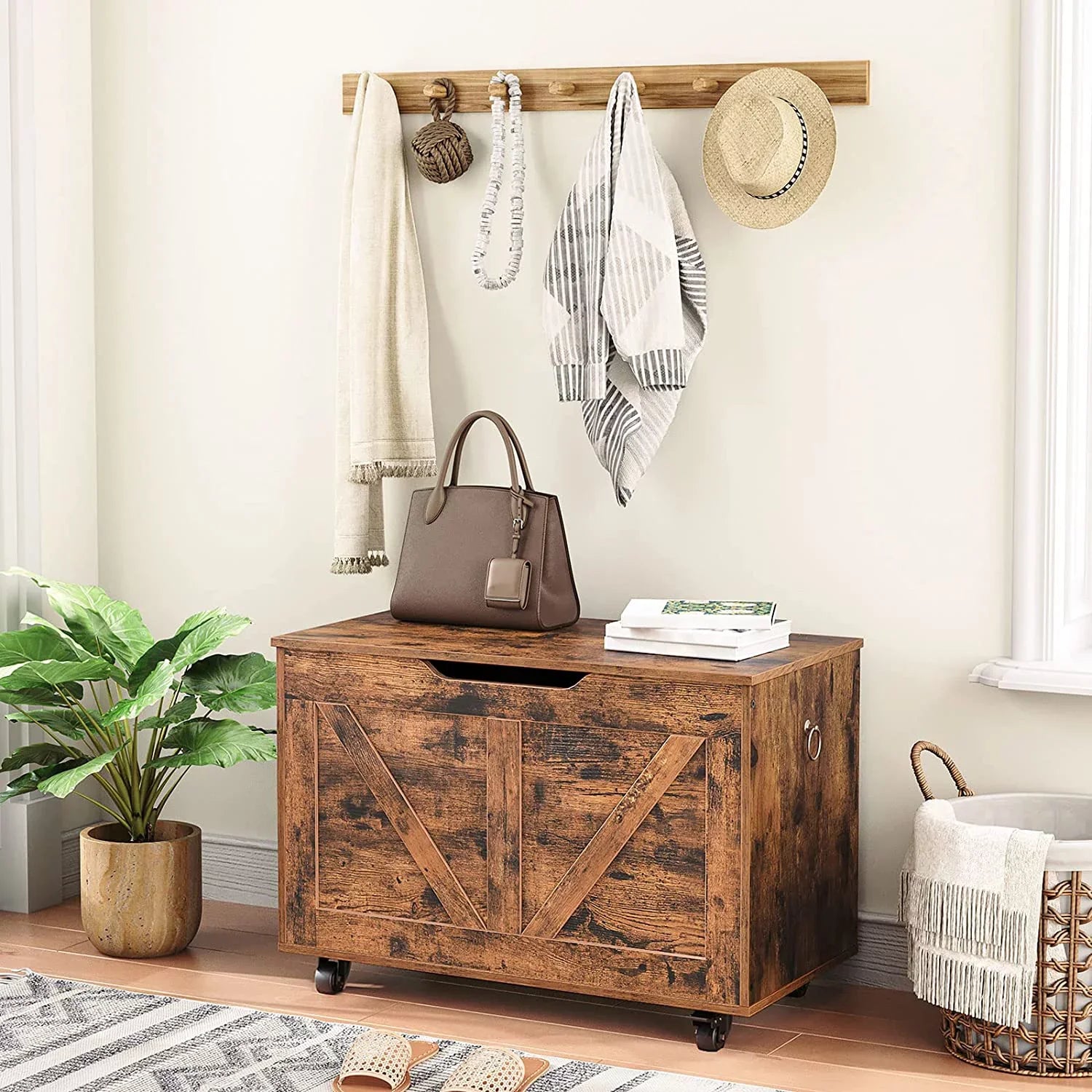 Trunk on Sturdy Shoe Supports Rustic 220 Wheels, U-Shaped Bench, Safety Assembly, Chest, Storage Easy Wooden Opening, Storage lb, WAGEE FG74CW01 Movable, Bench Brown Bench, Entryway Storage Hinge,