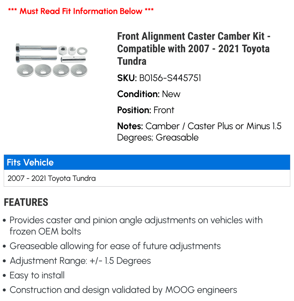 2012 - 2022 Alignment 2010 2015 2017 2018 Compatible 2020 Front 2009 Toyota Tundra 2011 with 2013 Kit - 2016 2008 2019 Caster Camber 2007 2014 2021