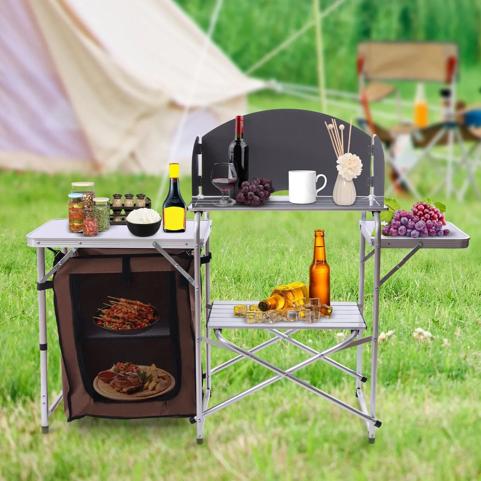 Portable Table Cabinet Miumaeov Camping Picnic Folding BBQ Storage Kitchen Rack Table