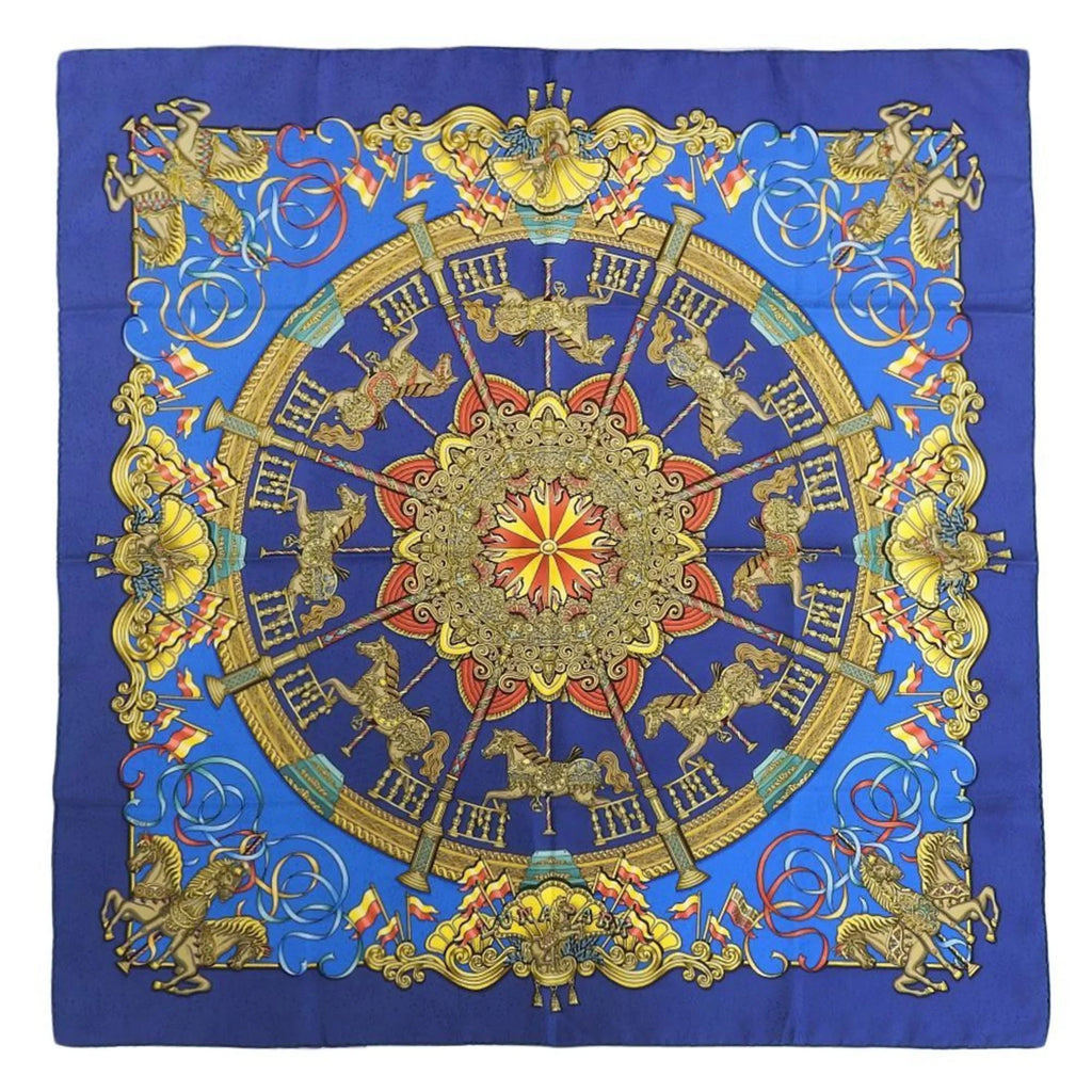 LUNA (Good) KARE90 Silk PARK Scarf Amusement Pre-Owned Park Muffler Carousel HERMES Blue Horse