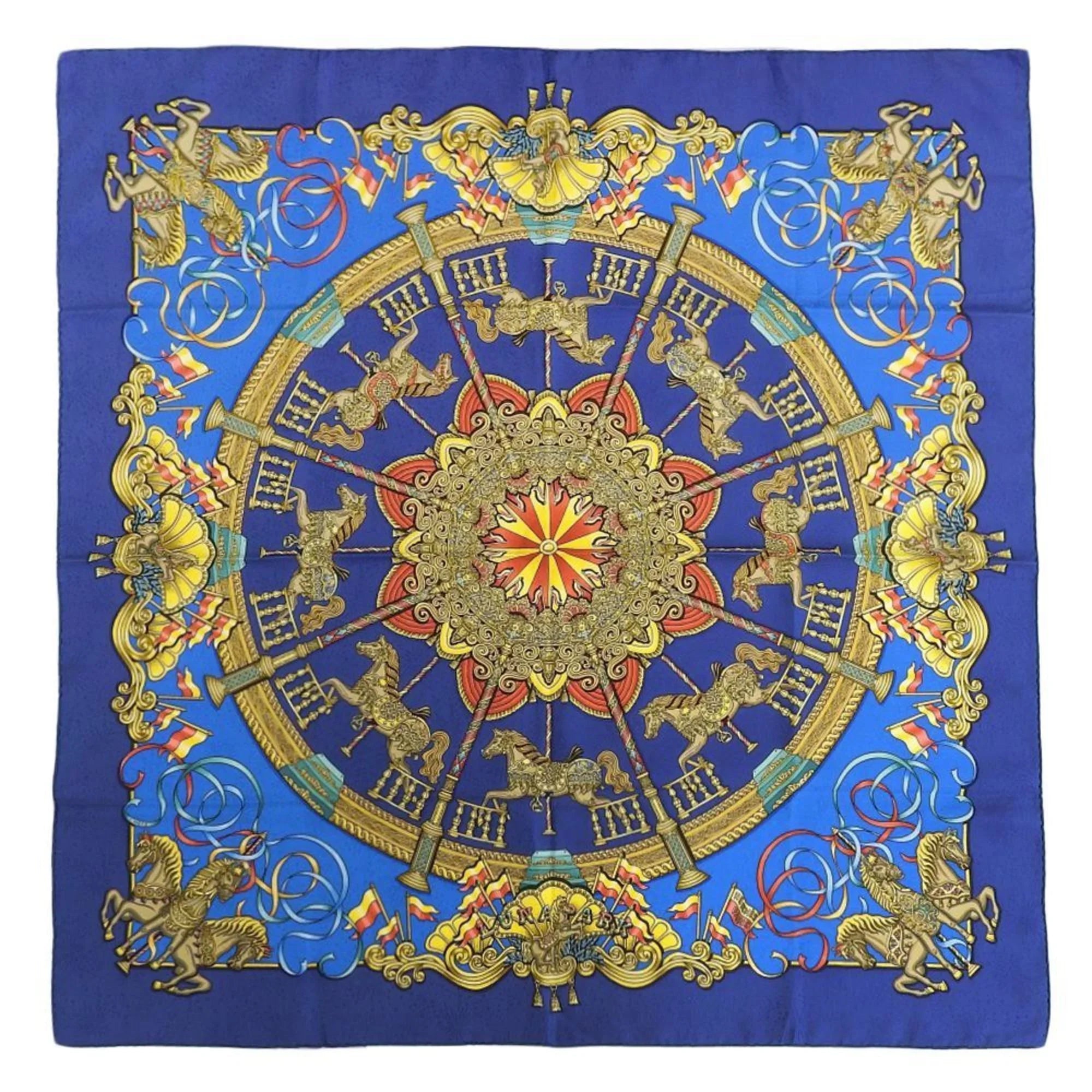LUNA (Good) KARE90 Silk PARK Scarf Amusement Pre-Owned Park Muffler Carousel HERMES Blue Horse