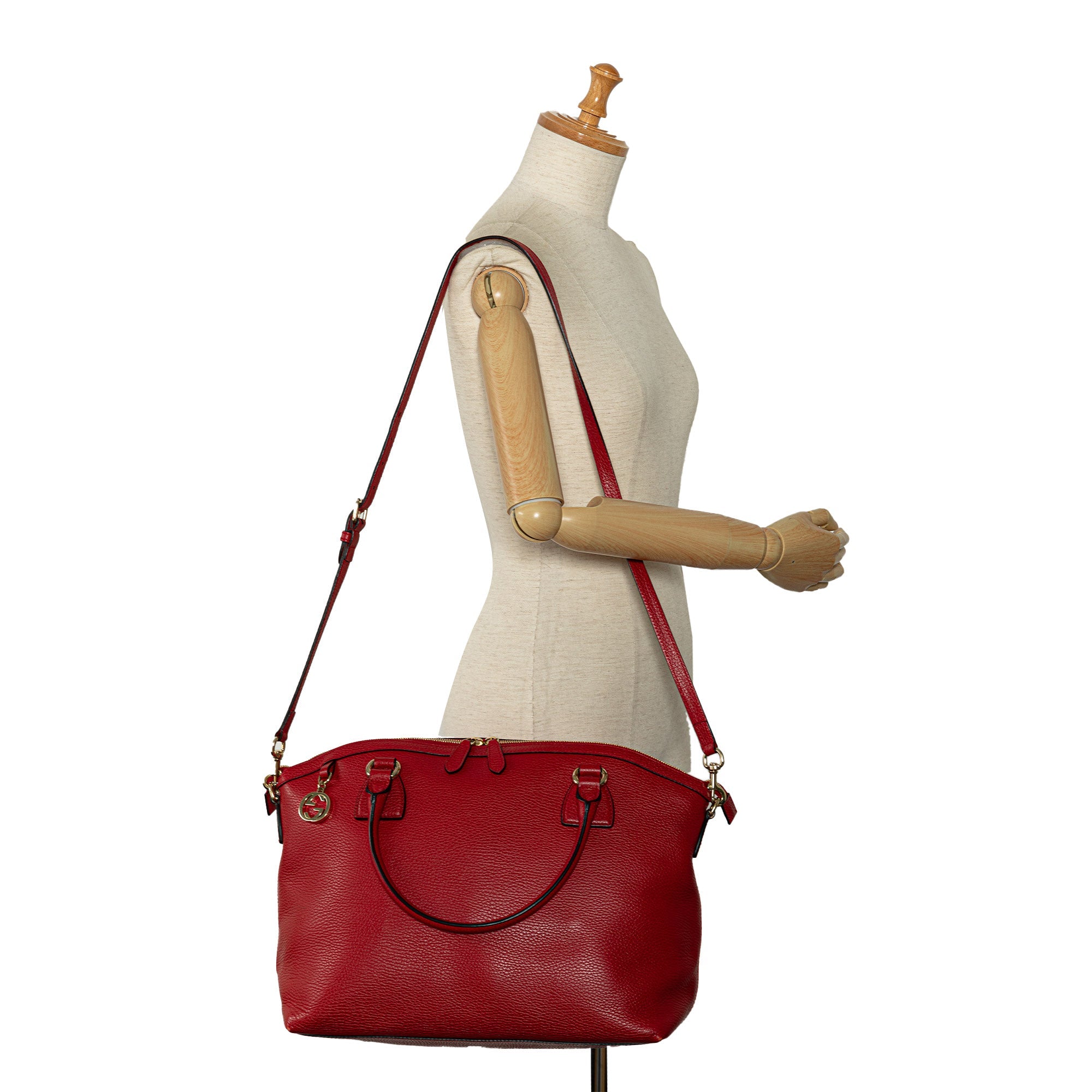 Authenticated Calf GG Pre-Owned Unisex Leather Convertible Charm Red Gucci (Good) Satchel Dome