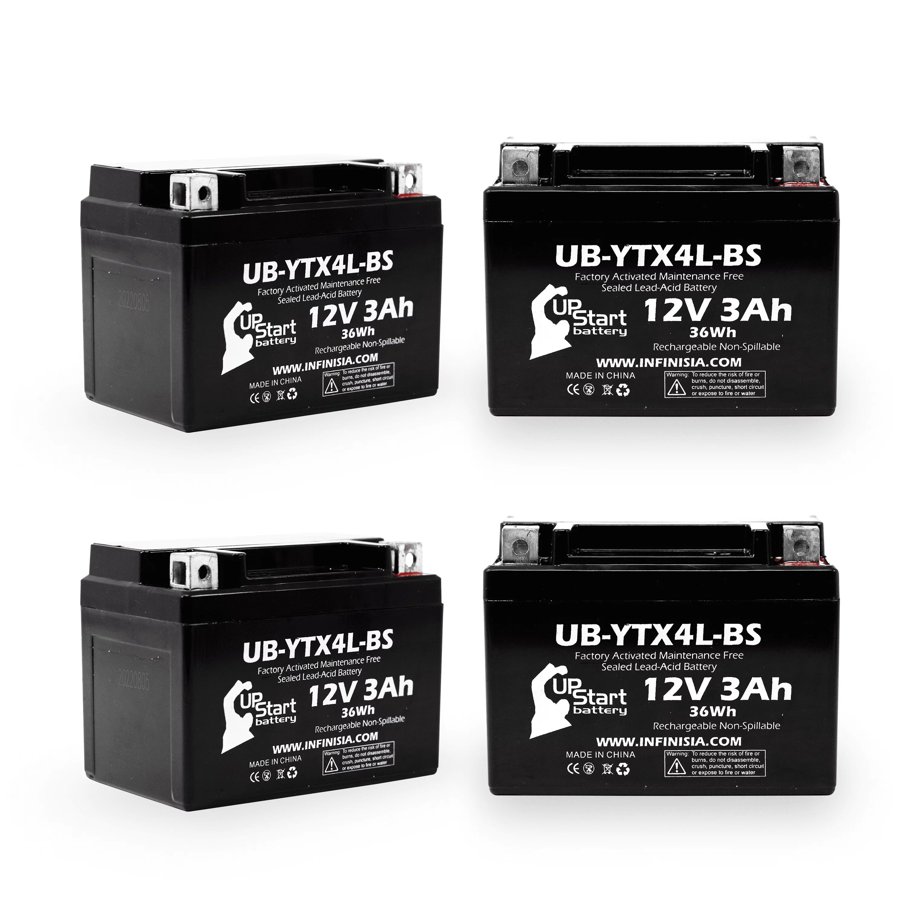 Bombardier Battery UB-YTX4L-BS 4-Pack - Maintenance Replacement Factory UpStart Free, for DS90, ATV DS90F, Quest 12V, (Can-Am) 2004 Activated, 90CC Battery 3Ah,