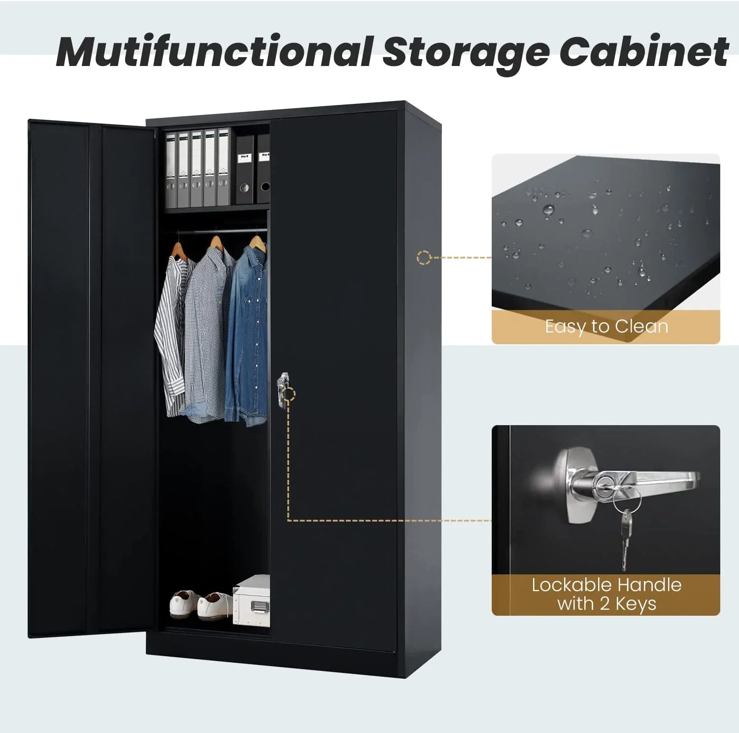 with Locking (Black) Freestanding Garage Lock Wardrobe HOOMHIBIU Coat Door 72'' Office with Shelves Metal Cabinets Employee Clothing and Cabinet for Steel Locker Home
