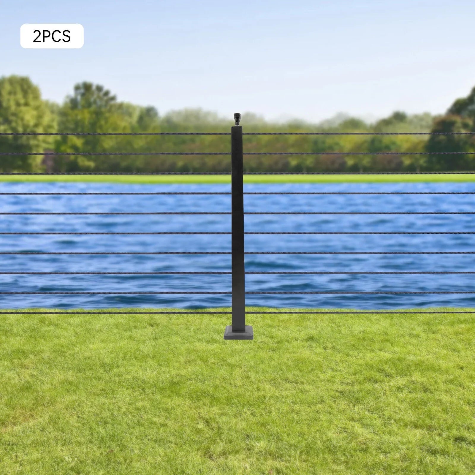 Wood Steel Two Railing Post Stainless Level Fence Post Cable System Railing Sides for Square Deck Concrete Pre-Drilled Cable 36''x2''x2'' Level
